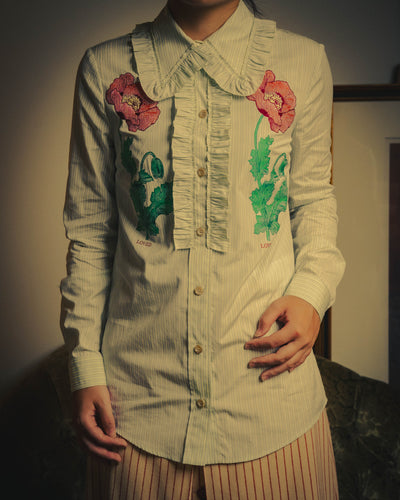 -SPECIAL- “GUCCI” 2017-2019 Floral embroidered ruffled striped shirt