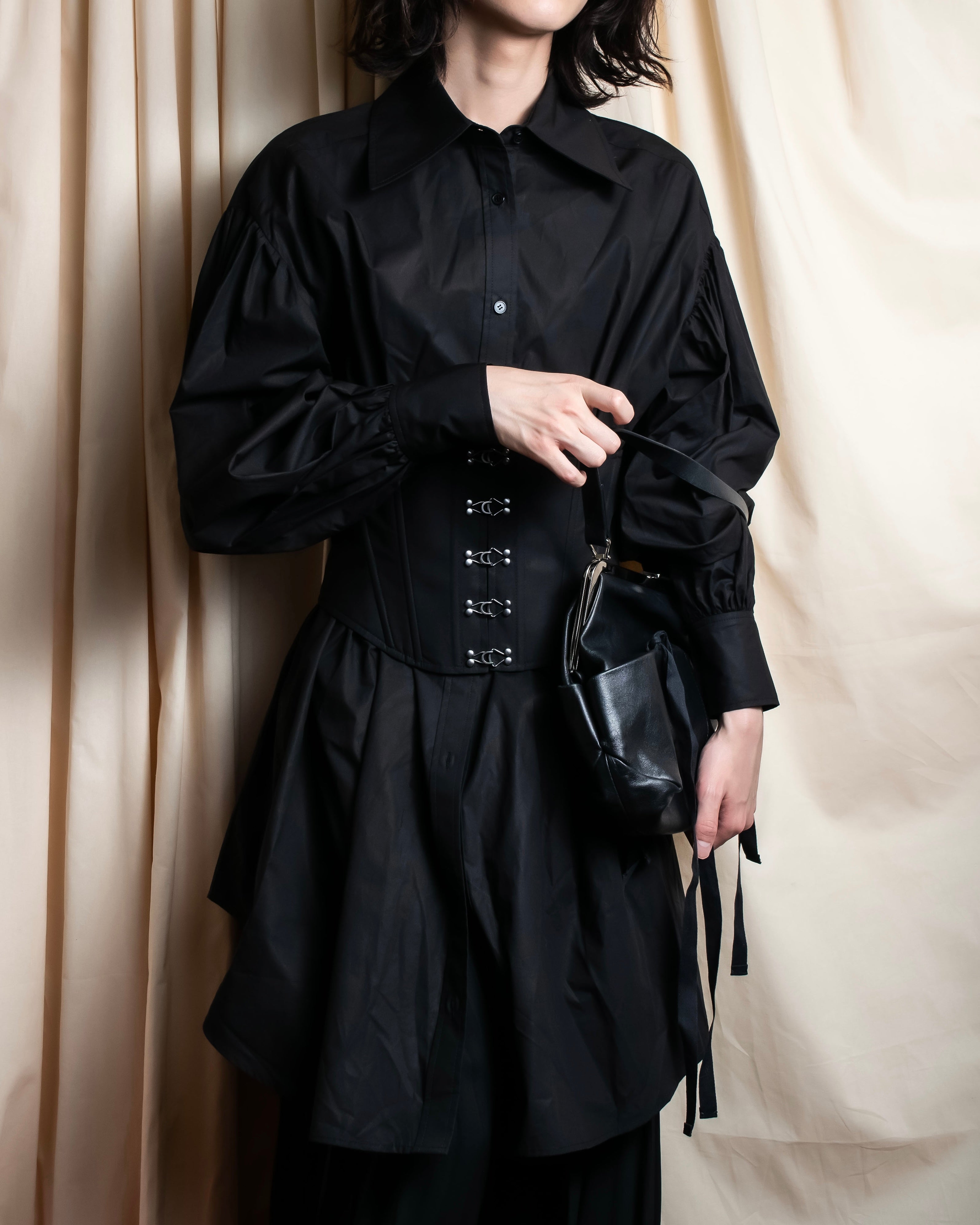 shirt dress with corset belt Corset Shirt Dress Black Lace-Up Waist, Pockets & Stretch by Midnight Hour 2XL / Black