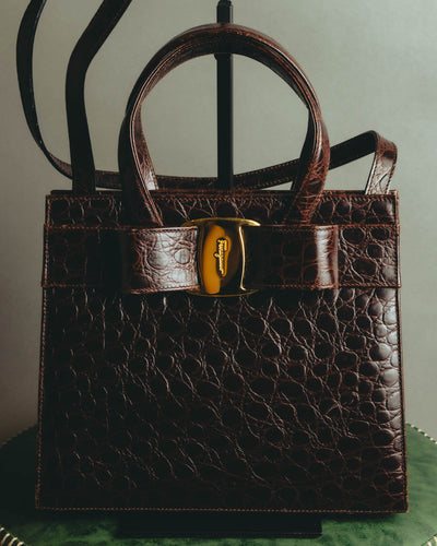 “Salvatore Ferragamo” 00’s-10’s Crocodile embossed vara bow 2way handbag