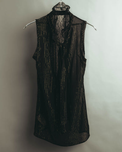 “PINKO” 2010’s Metallic striped lace georgette bow blouse