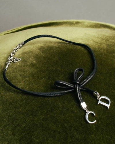 "Christian Dior" Ribbon charm leather cord choker necklace