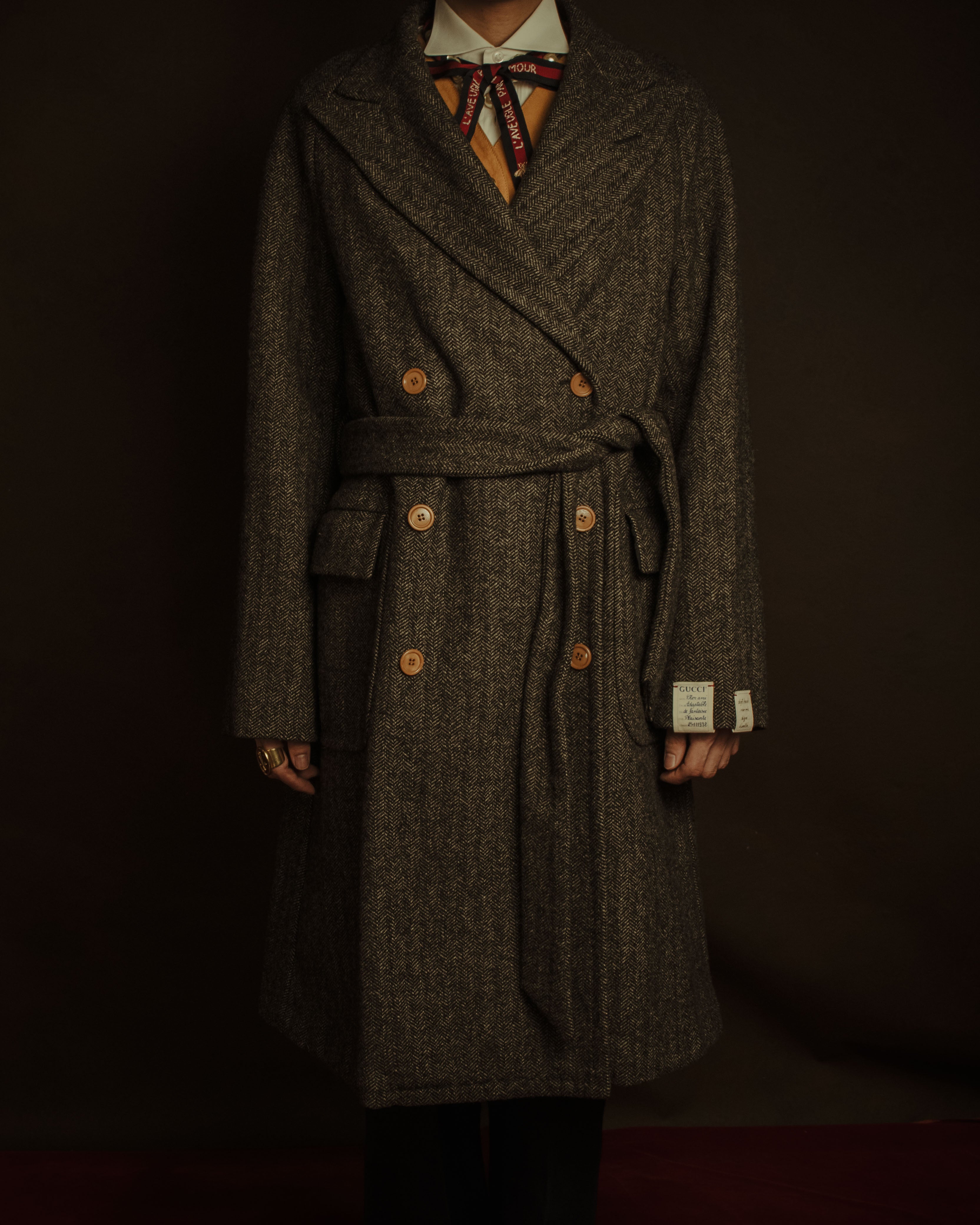 GUCCI - Herringbone Tweed Double-Breasted Belted Coat - Gray 