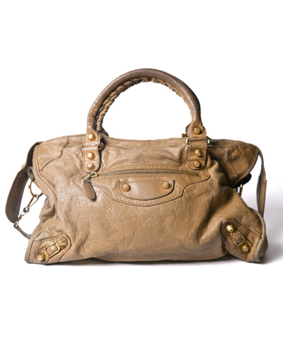 BALENCIAGA/ “Giant City” Gold Studs 2 Way Handbag Beige