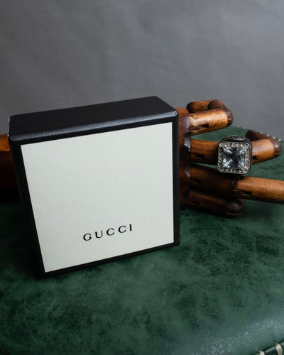 "GUCCI" Crystal rhinestone GG motif engraved signet ring