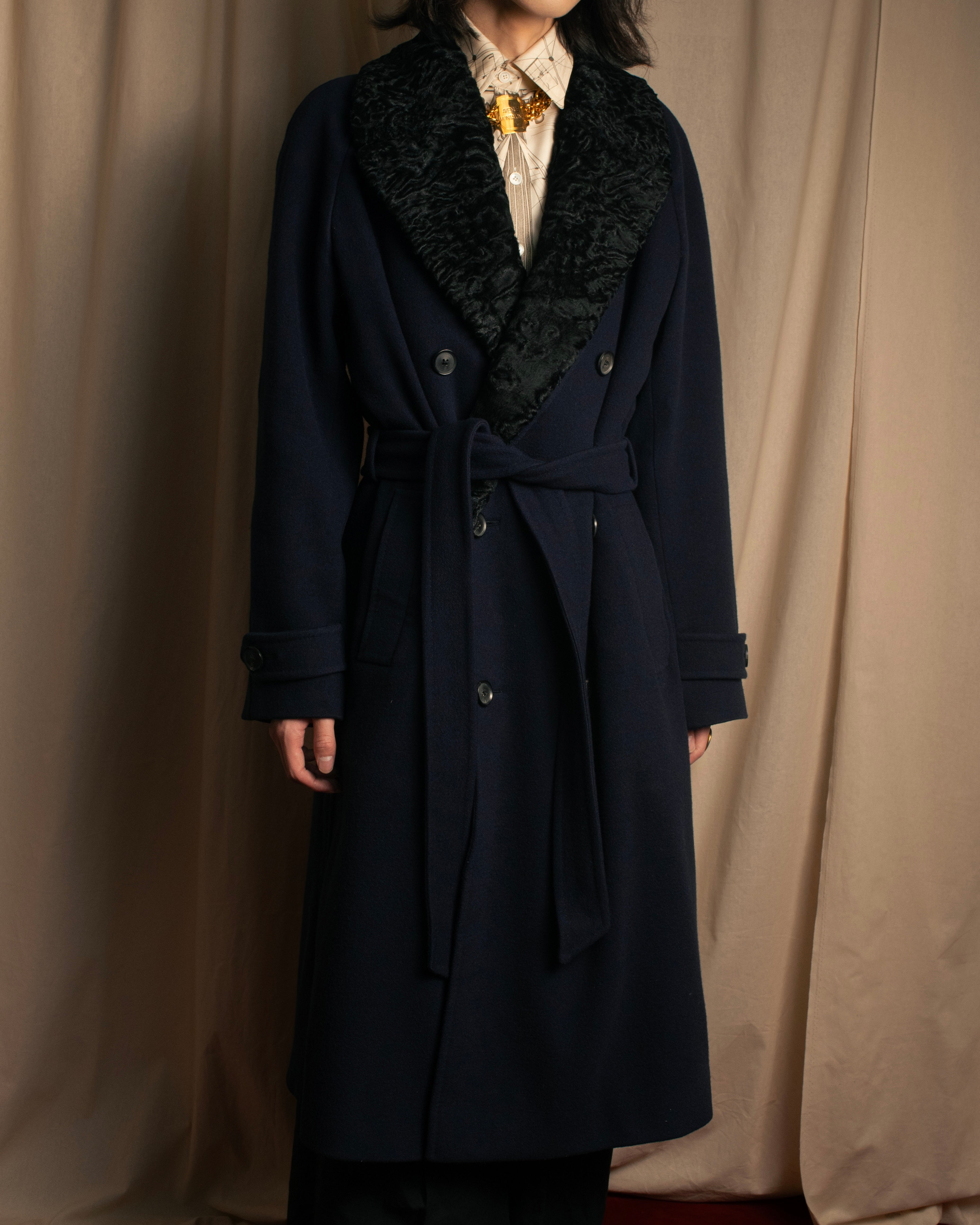 サルヴァトーレ・フェラガモ カシミヤ100% フリンジ ロングコート紺