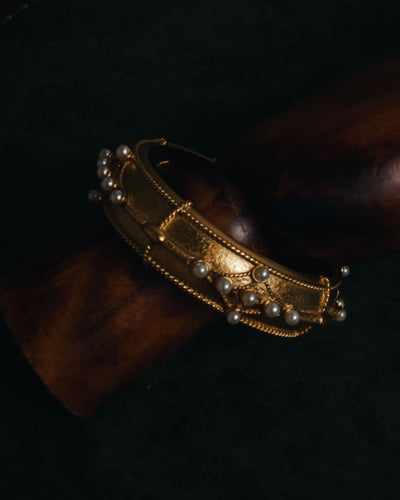 "Sonia Rykiel" Late 80s-early 90s matte gold-plated faux pearl etruscan revival bangle