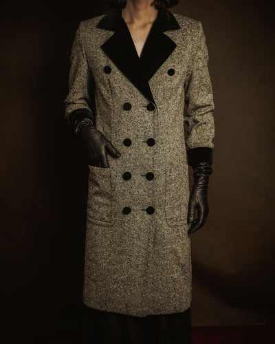 –SPECIAL– "CELINE" 70’s-80’s Classic tweed velvet-collar long coat