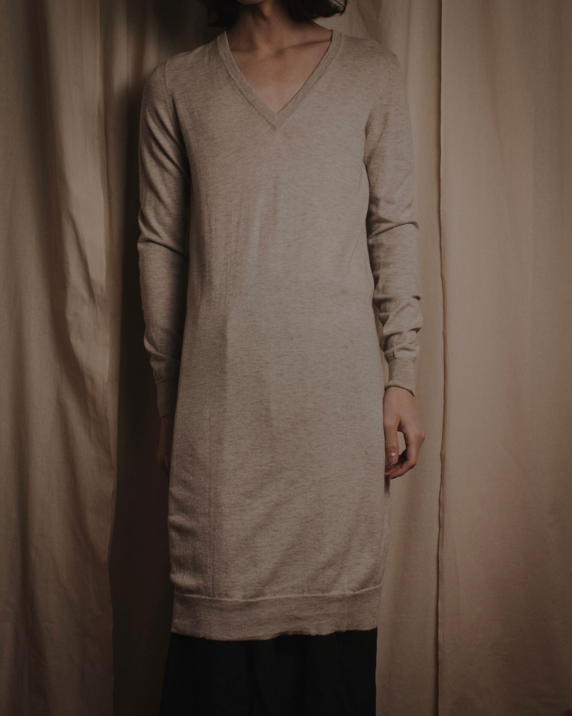 midi knitted dress long sleeve HATCH Collection The Odette Ribbed Midi Dress in Ivory main image 1