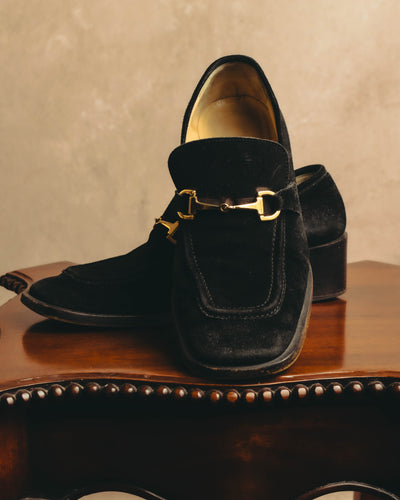 "GUCCI" 90's-00's Black suede horsebit heeled loafer