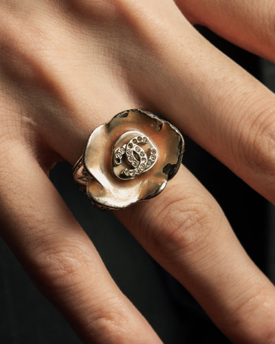 "CHANEL" Camellia motif rhinestone logo design ring