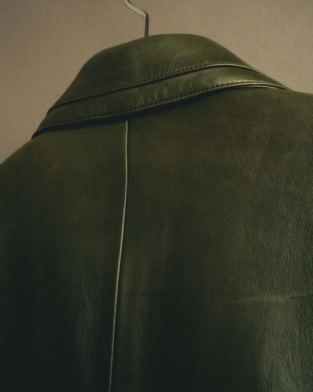 -SPECIAL- “LOEWE” 80’s-90’s Gold buttoned olive leather double-breasted tailored jacket