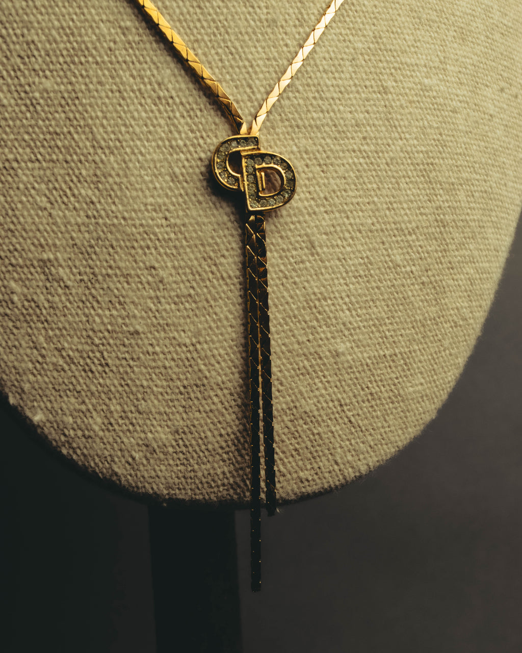 "Christian Dior" 80's-90's Gold tone rhinestone cd lariat necklace