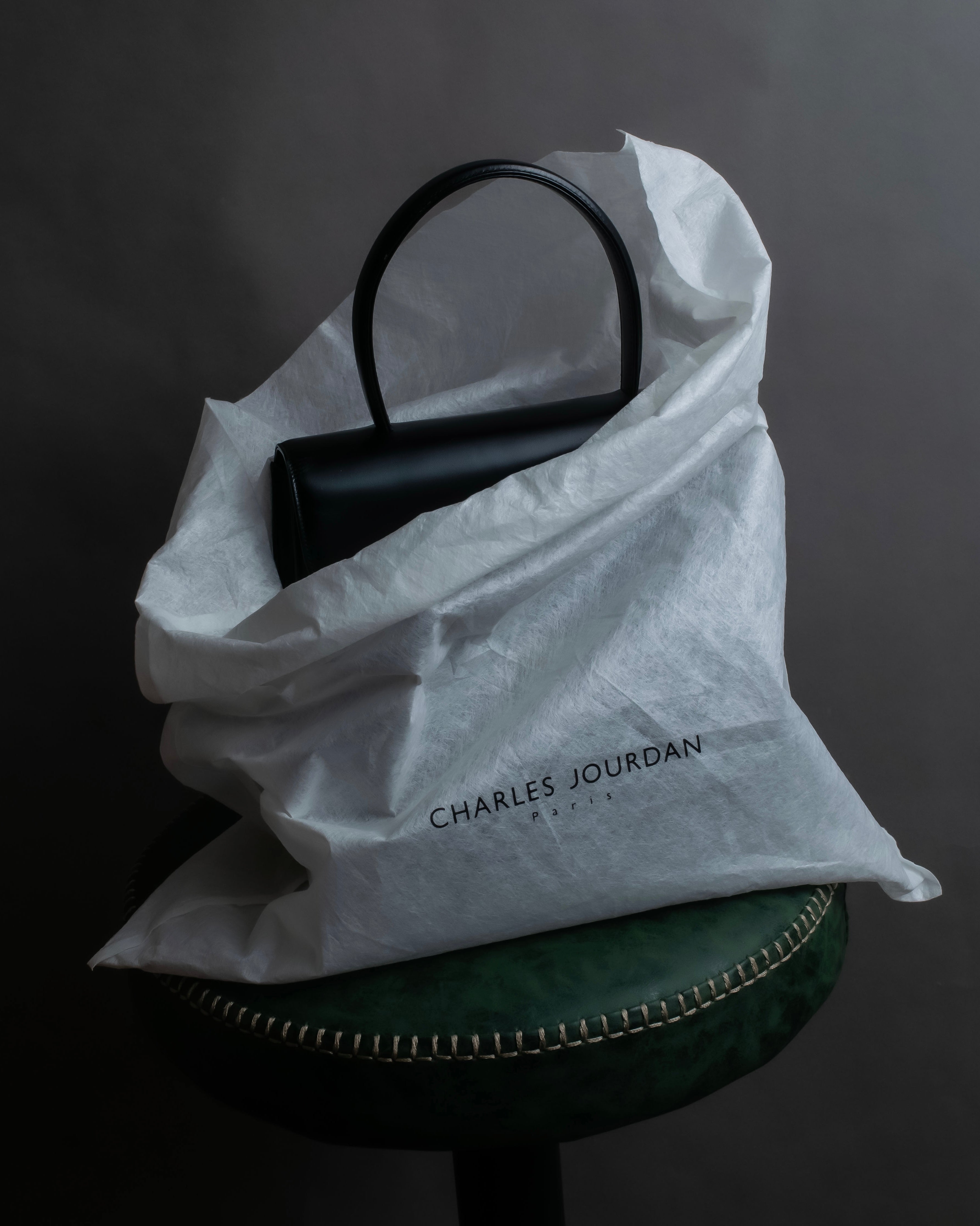 "Charles Jourdan" Logo half-moon metal plate design leather hand bag