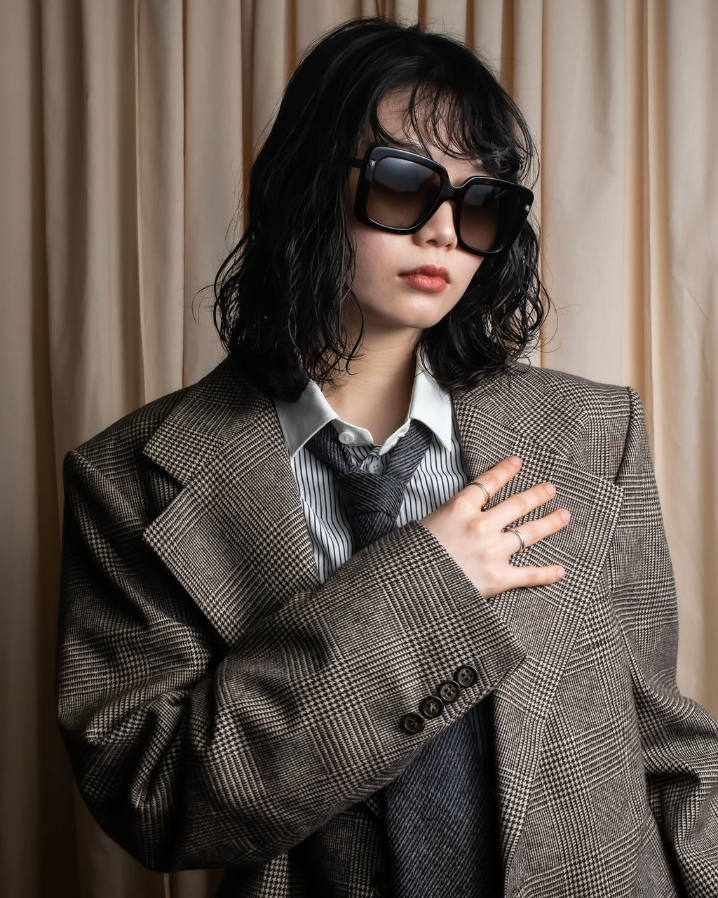 "YVES SAINT LAURENT" Glen plaid oversized wool tailored jacket