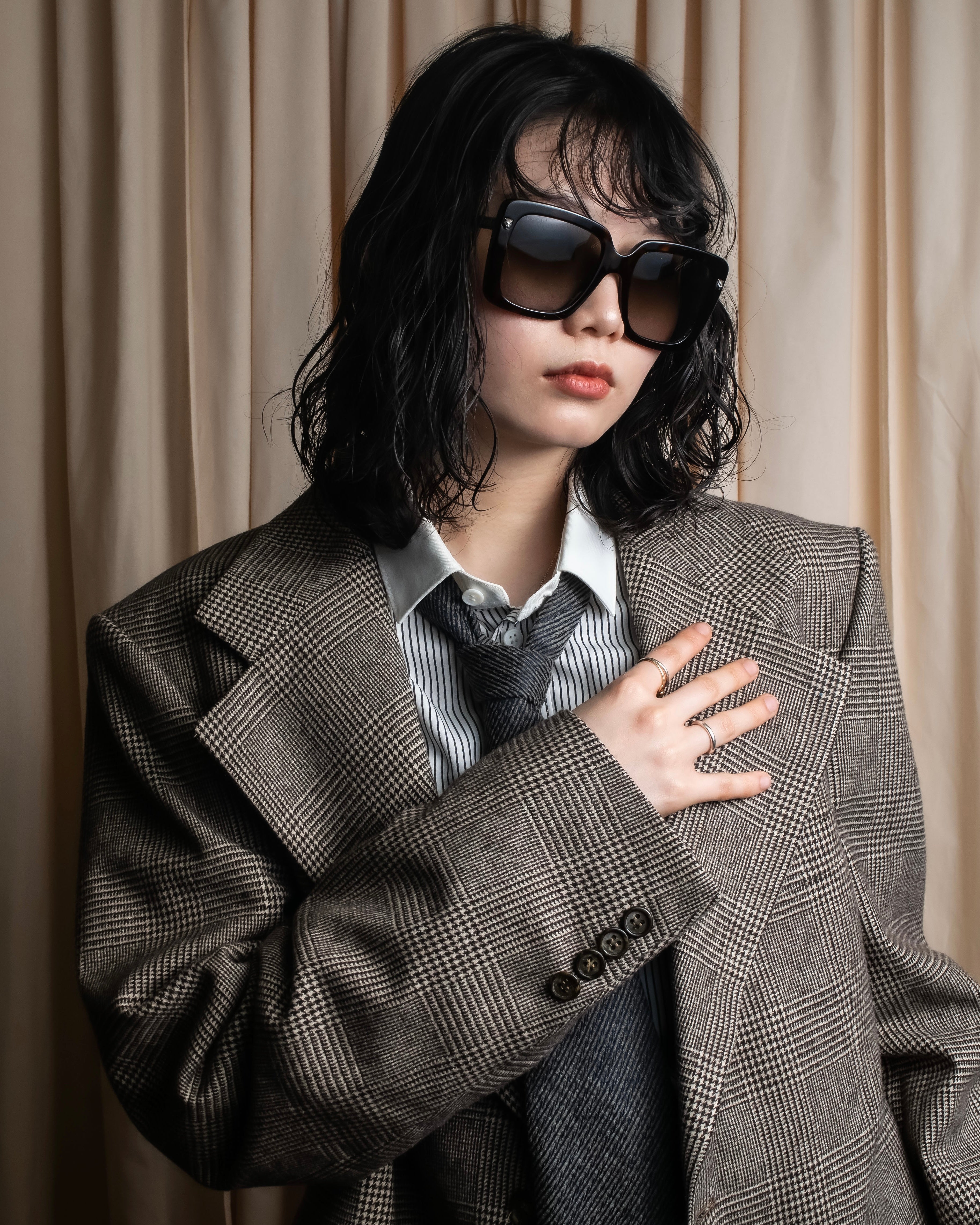 "YVES SAINT LAURENT" Glen plaid oversized wool tailored jacket