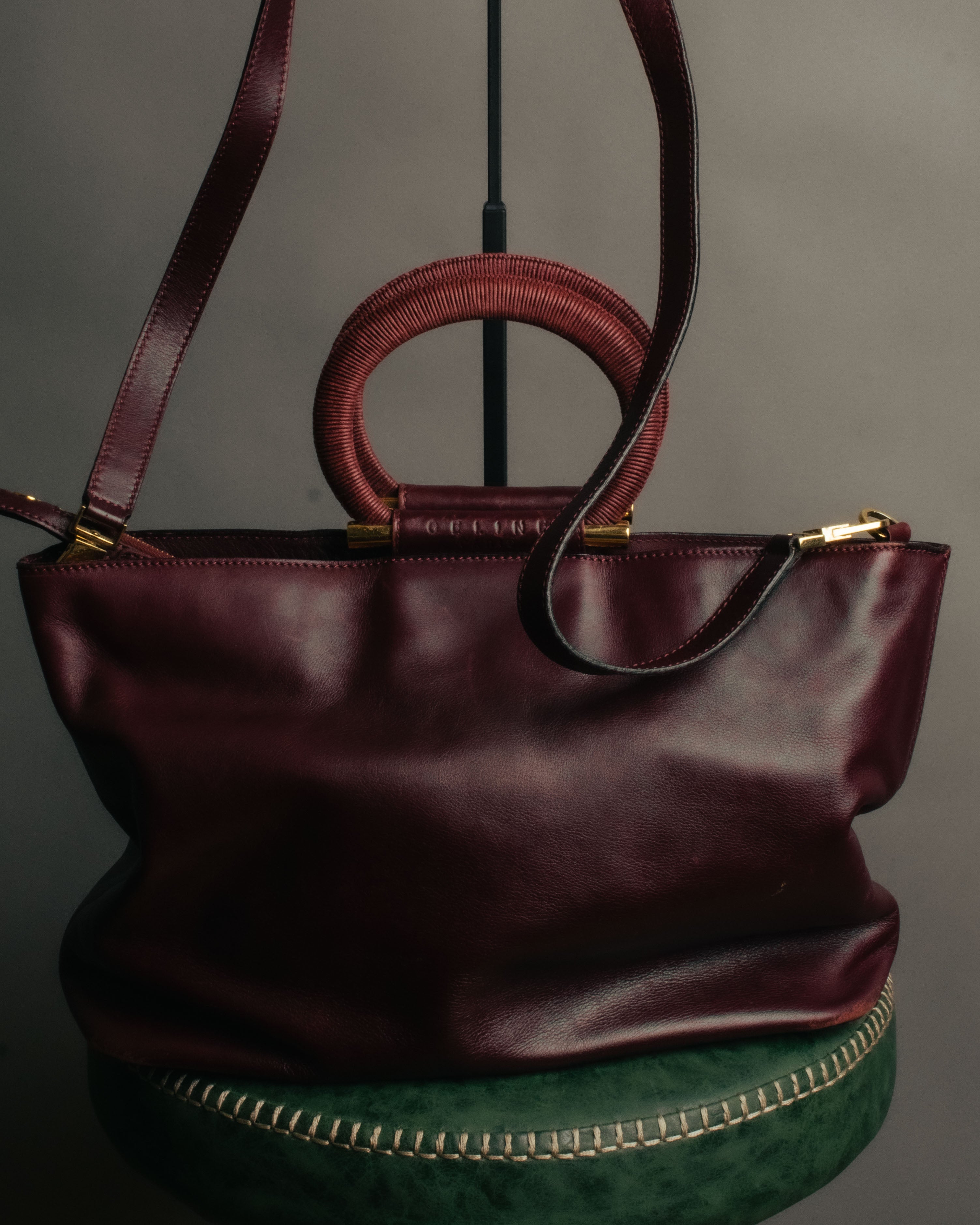 “CELINE” 90’s-00’s Burgundy leather ring handle tote bag