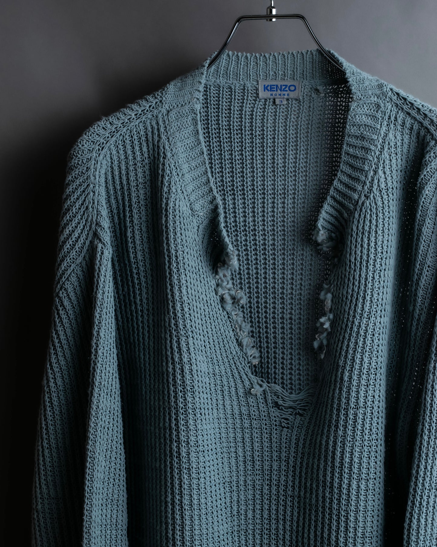 "KENZO" Dull blue oversized distressed V-neck knit