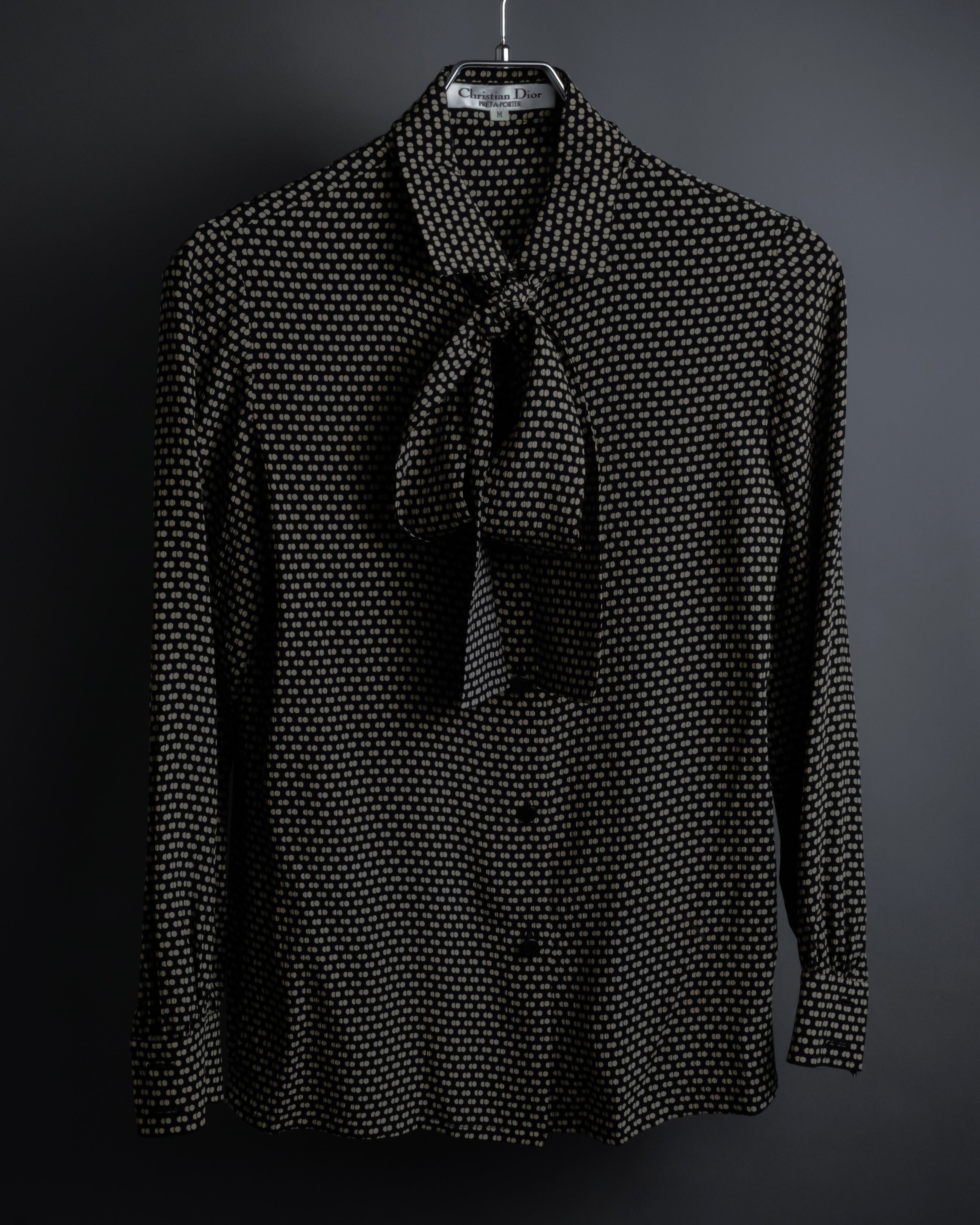 "Christian Dior PRETA PORTER" Ivory polka dot bow tie blouse