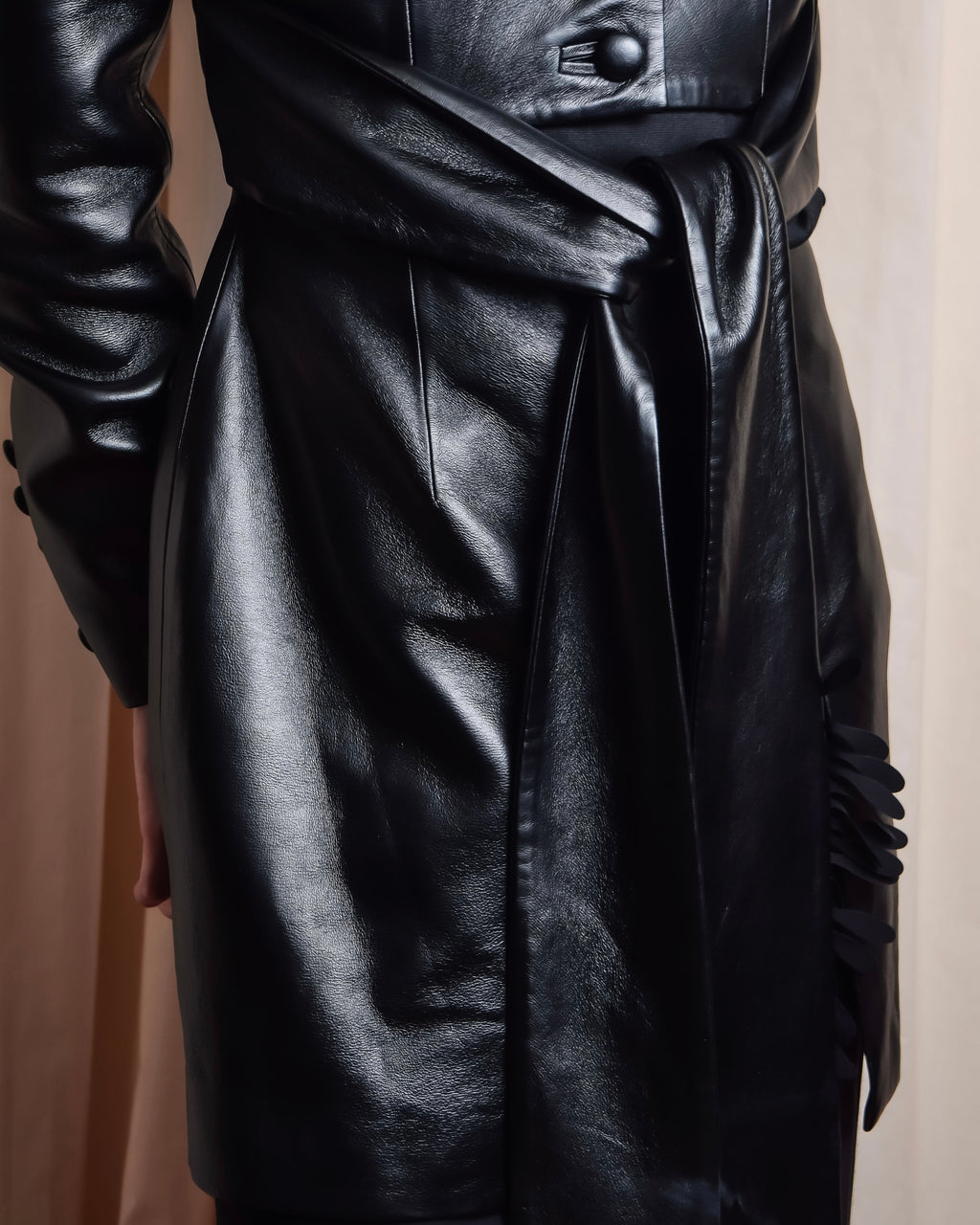 "MATÉRIEL TBILISI" Draped belted synthetic leather long jacket
