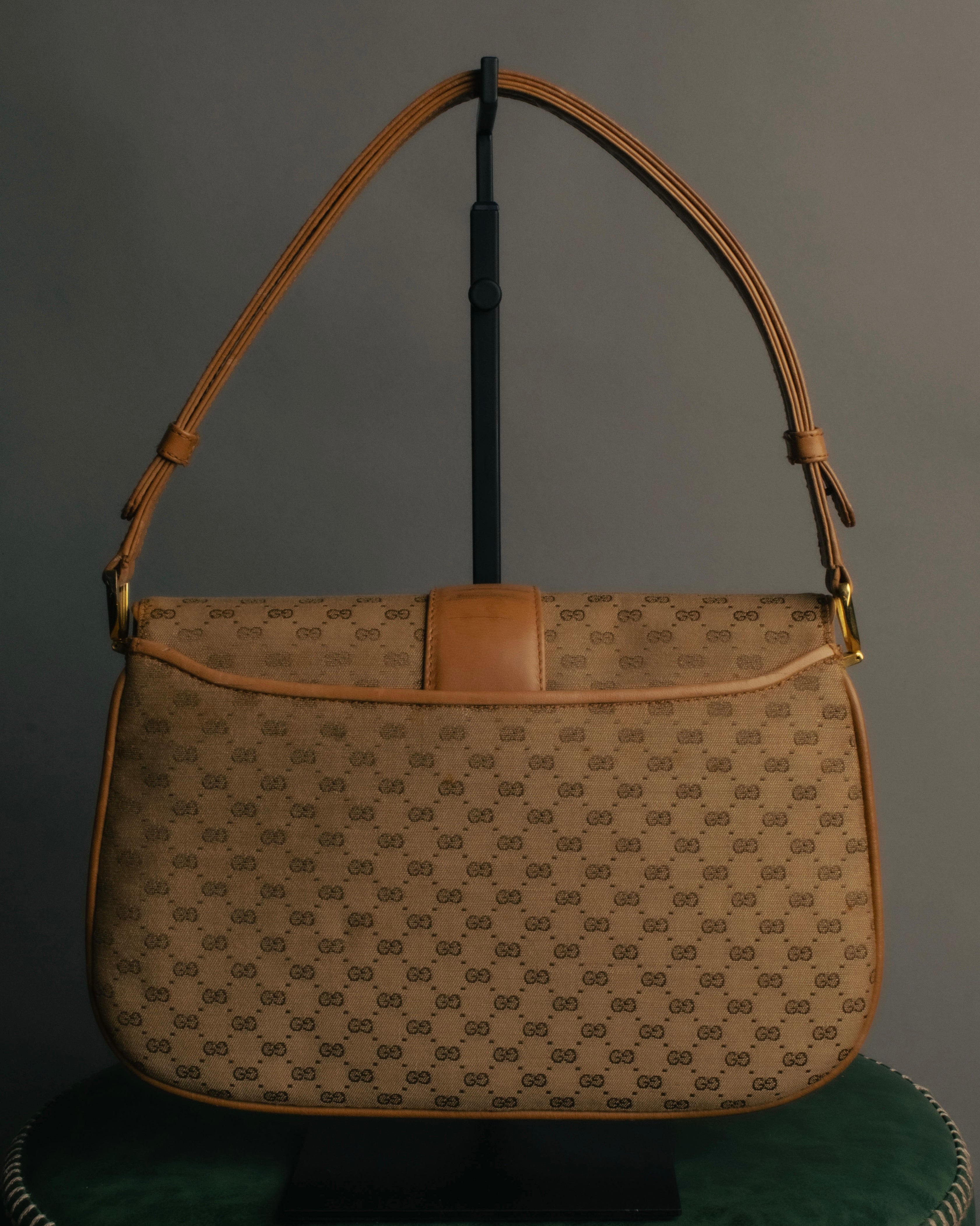 "GUCCI" 70's-80's Micro GG monogram canvas shoulder bag with stirrup hardware