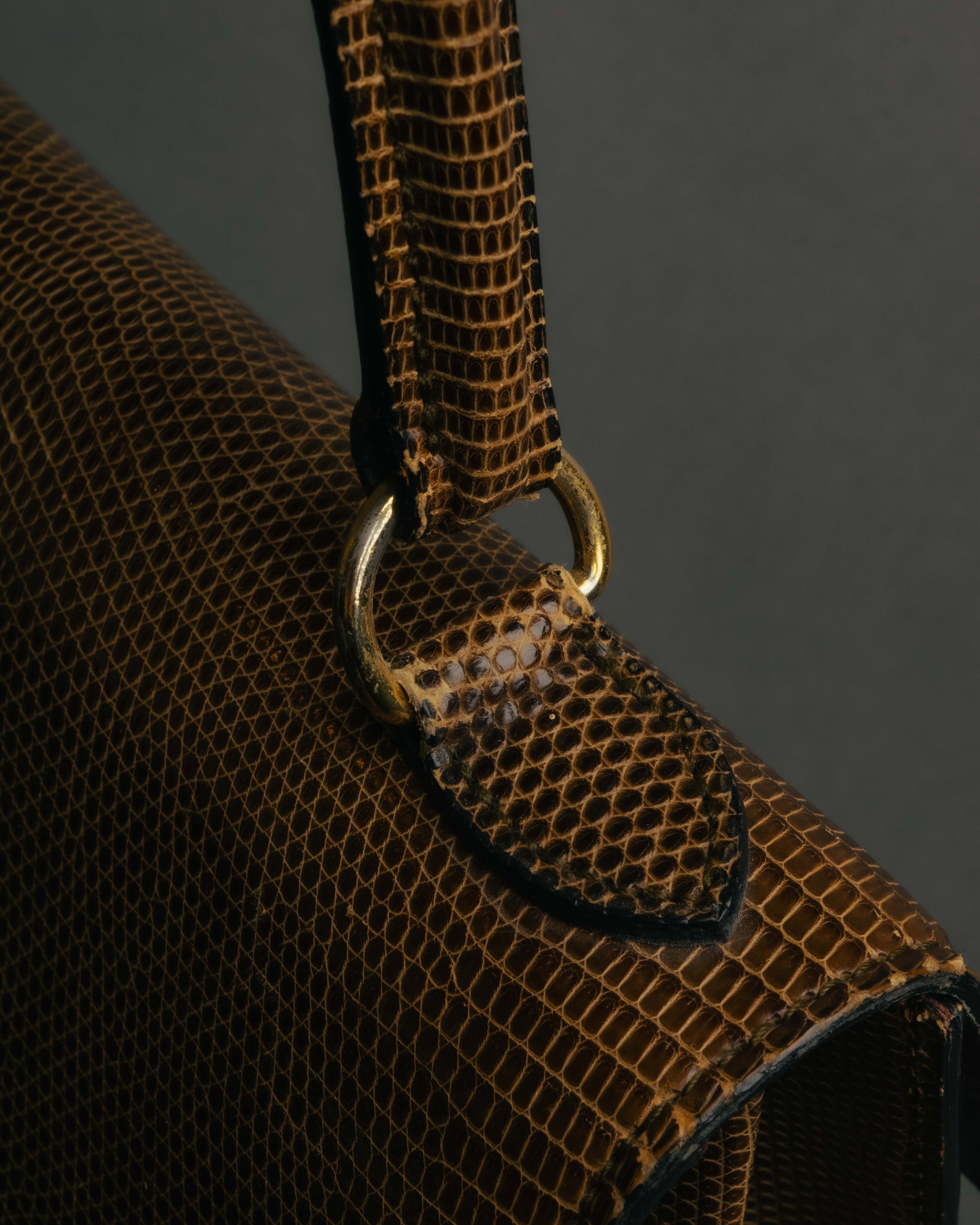 "CELINE" 70's-80's Structured lizard embossed leather top handle handbag