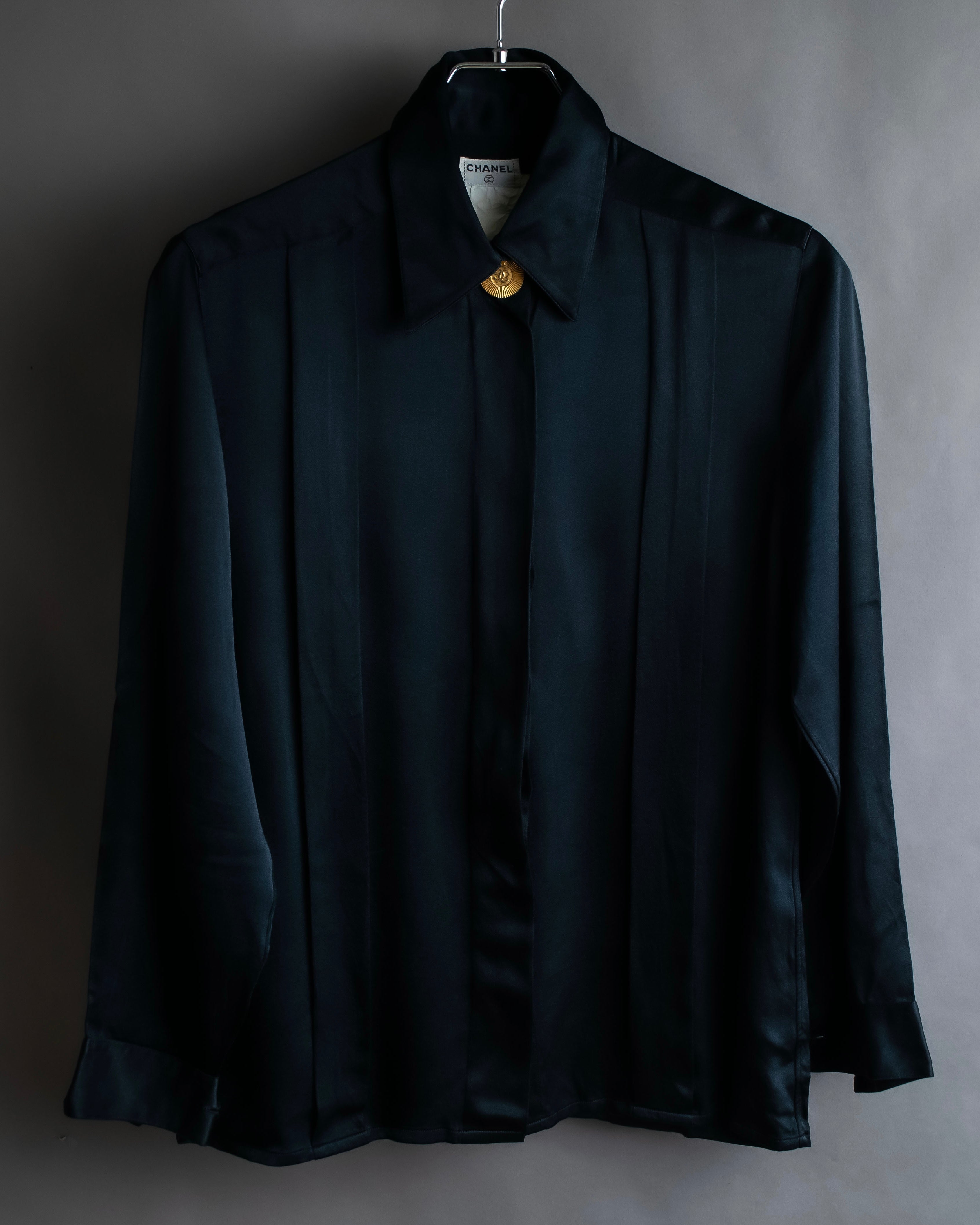 "CHANEL" Coco mark button design black glossy shirt