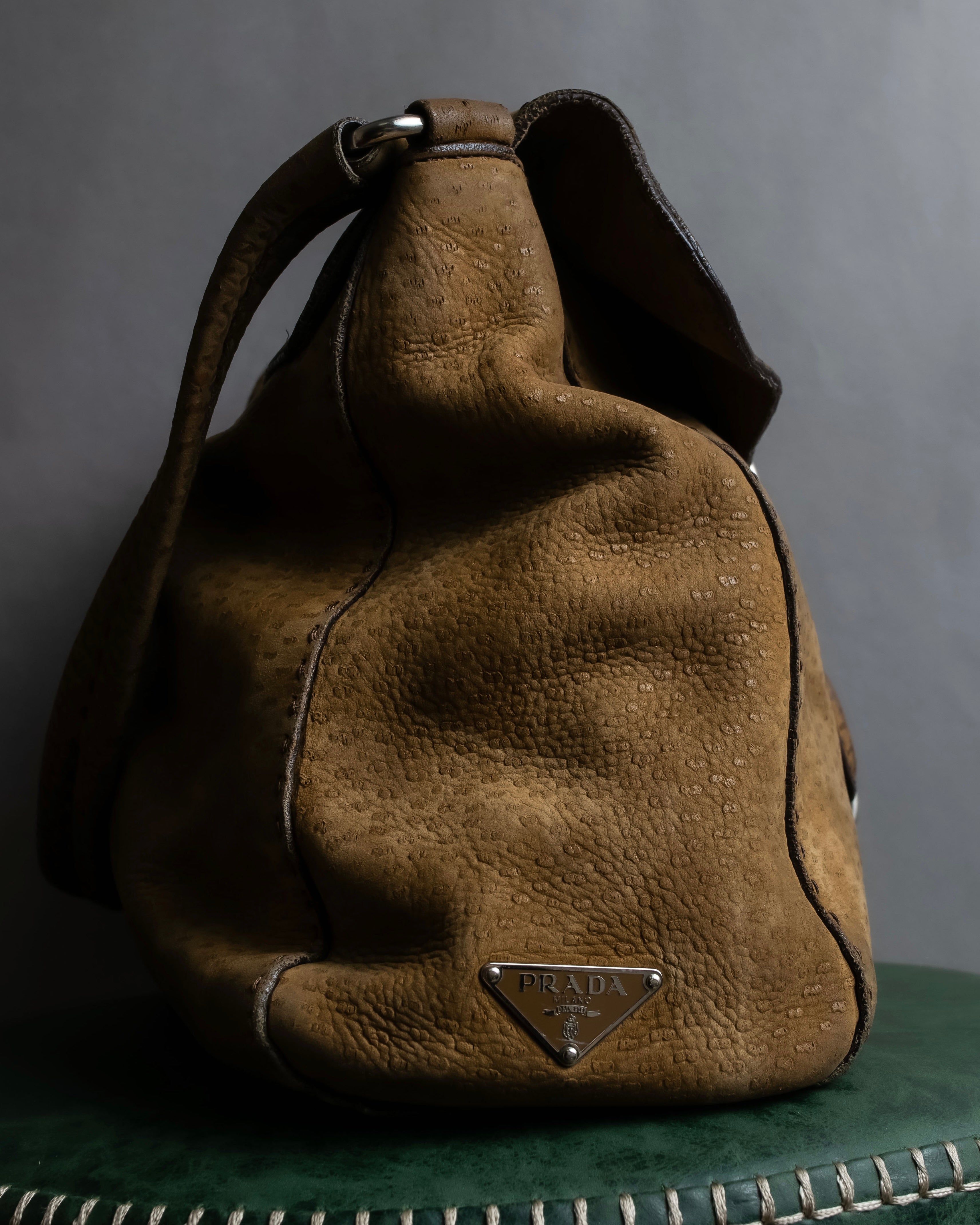 "PRADA" Hook hardware design ostrich leather shoulder bag