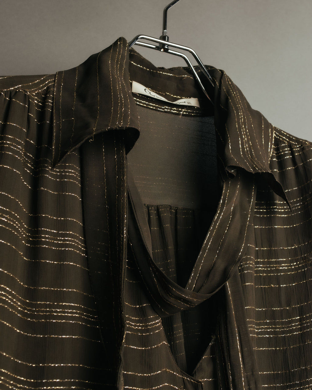 "Christian Dior" 80's-90's Lurex striped pussy-bow sheer blouse