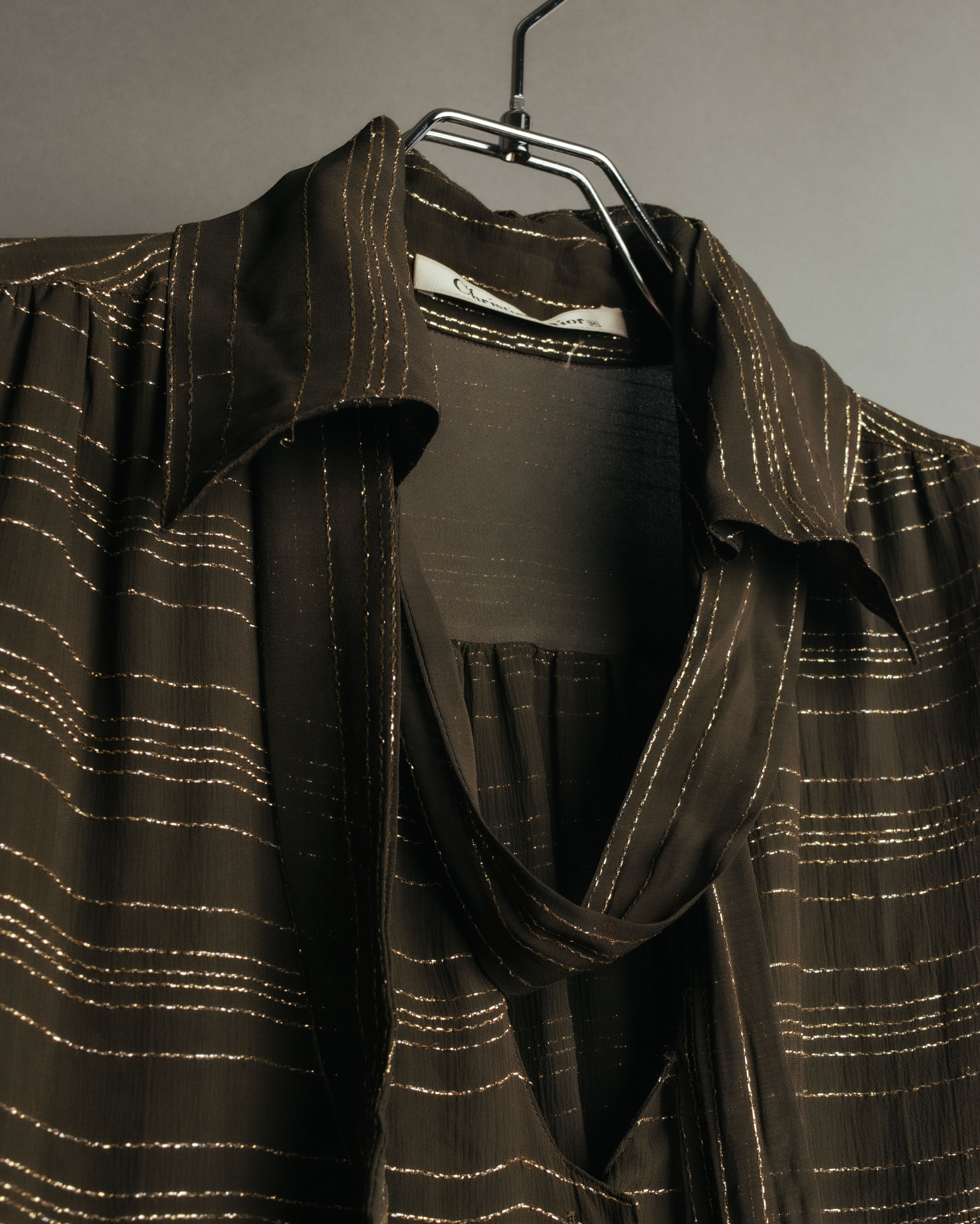 "Christian Dior" 80's-90's Lurex striped pussy-bow sheer blouse