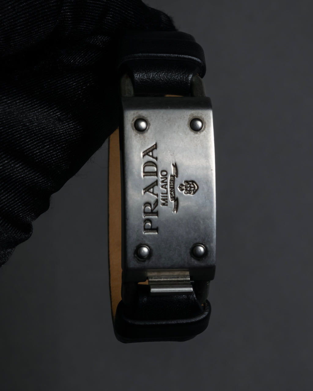 "PRADA" Logo engraved metal plate design leather bracelet