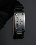 "PRADA" Logo engraved metal plate design leather bracelet