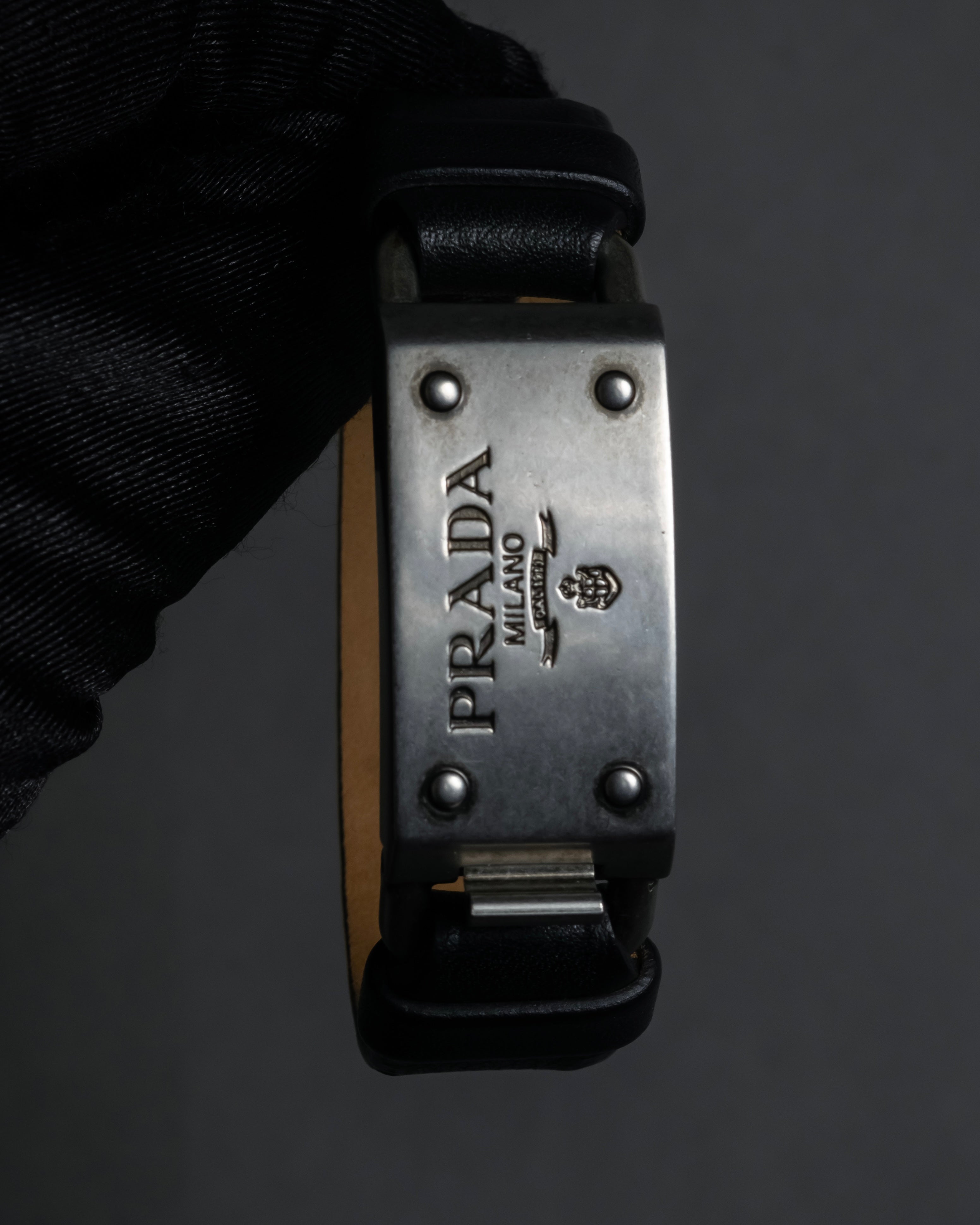 "PRADA" Logo engraved metal plate design leather bracelet