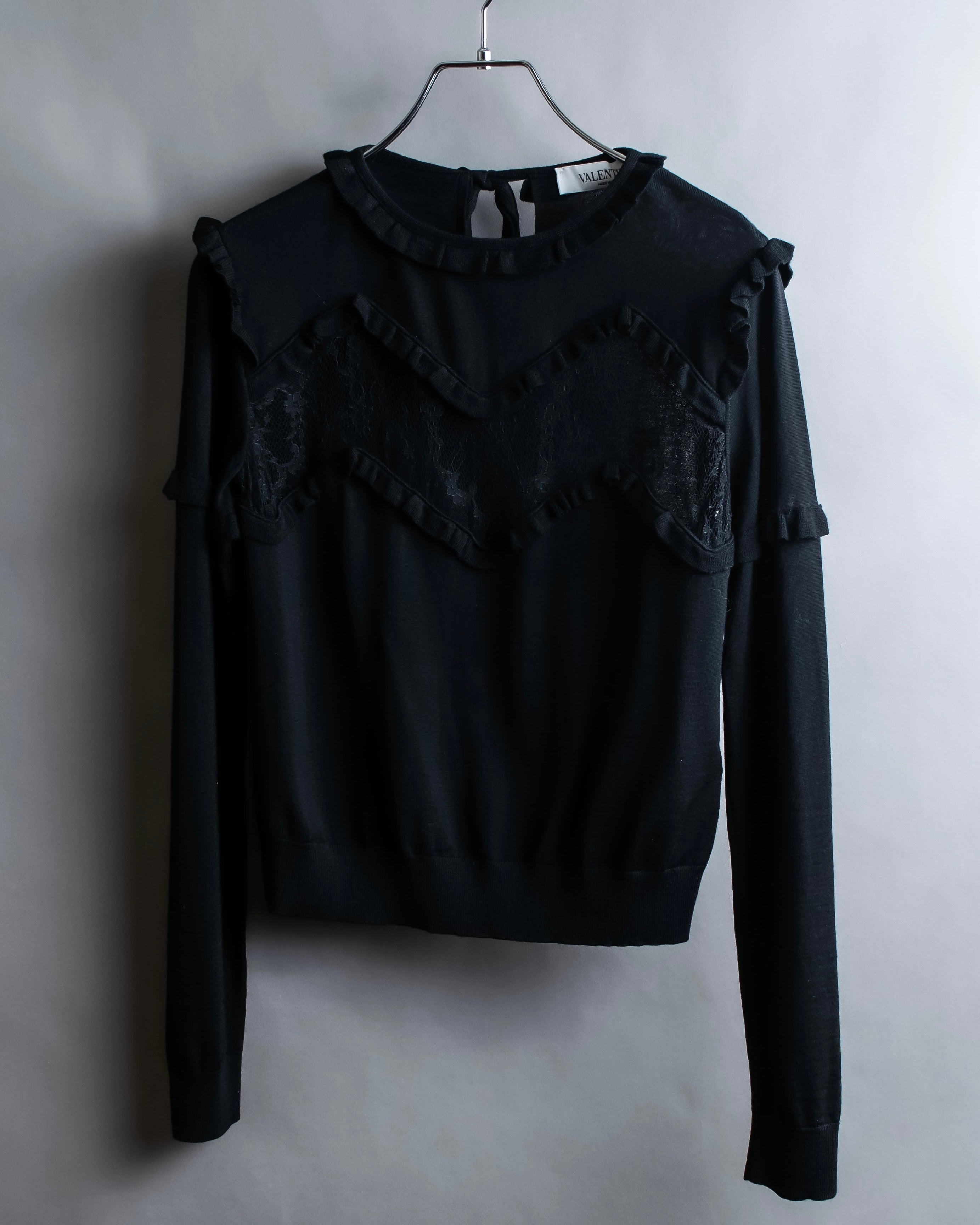 "VALENTINO" Ruffle＆lace design black knit