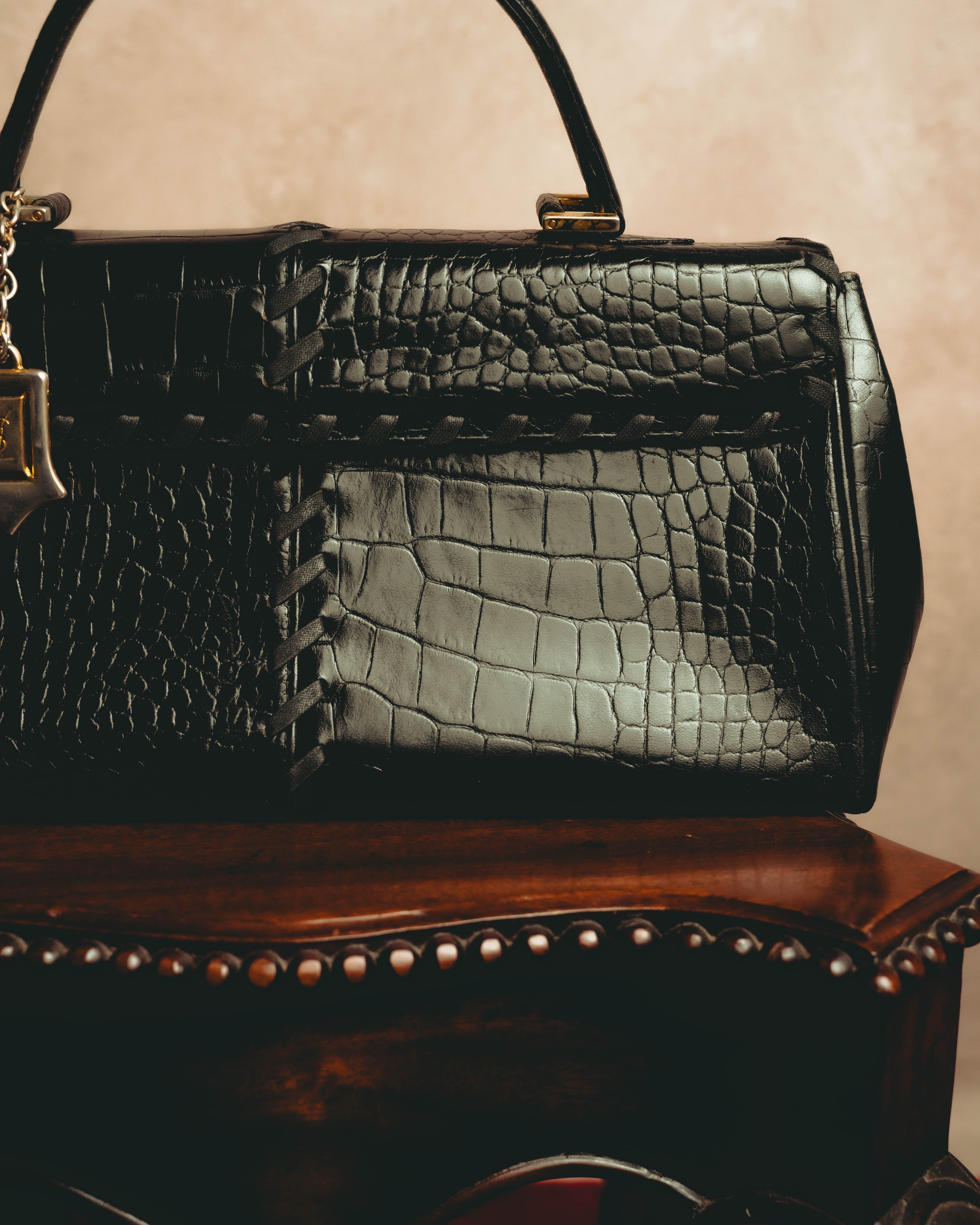 -SPECIAL- “Yves Saint Laurent” 80’s-90’s Crocodile embossed lace-up handbag