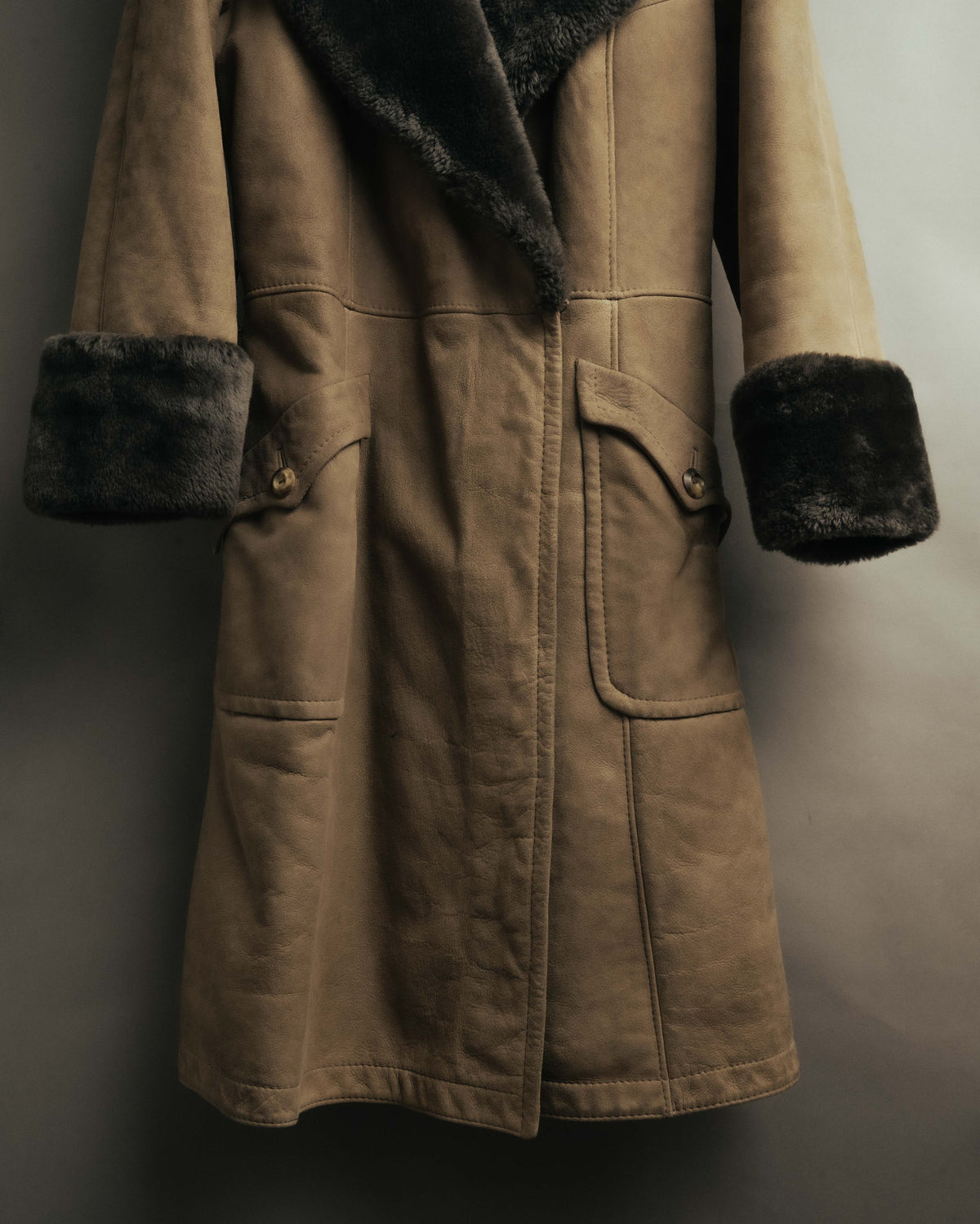 “LOEWE” 70’s-early 90’s Suede shearling belted long coat