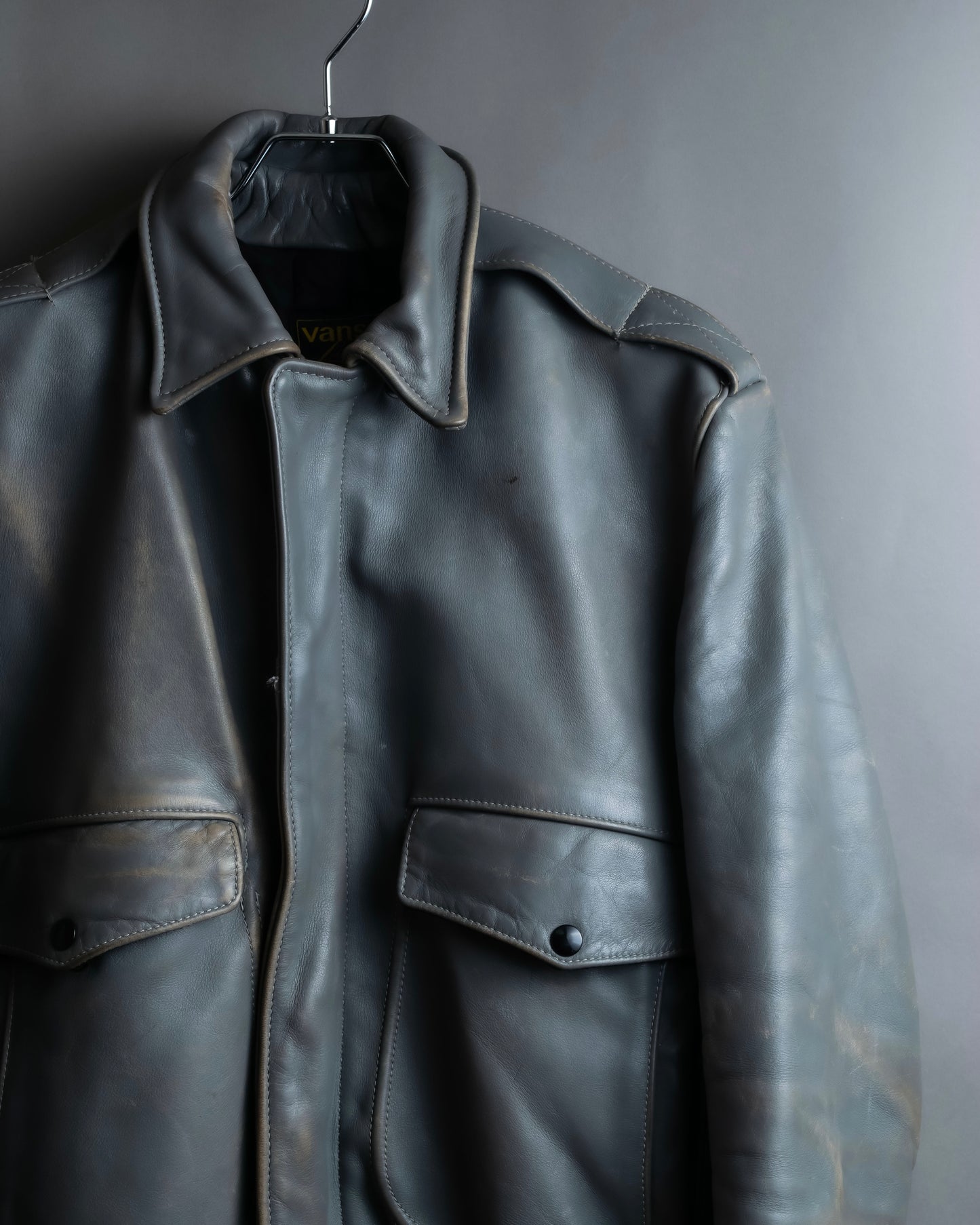 "VANSON" Out pocket design ribbed leather jacket