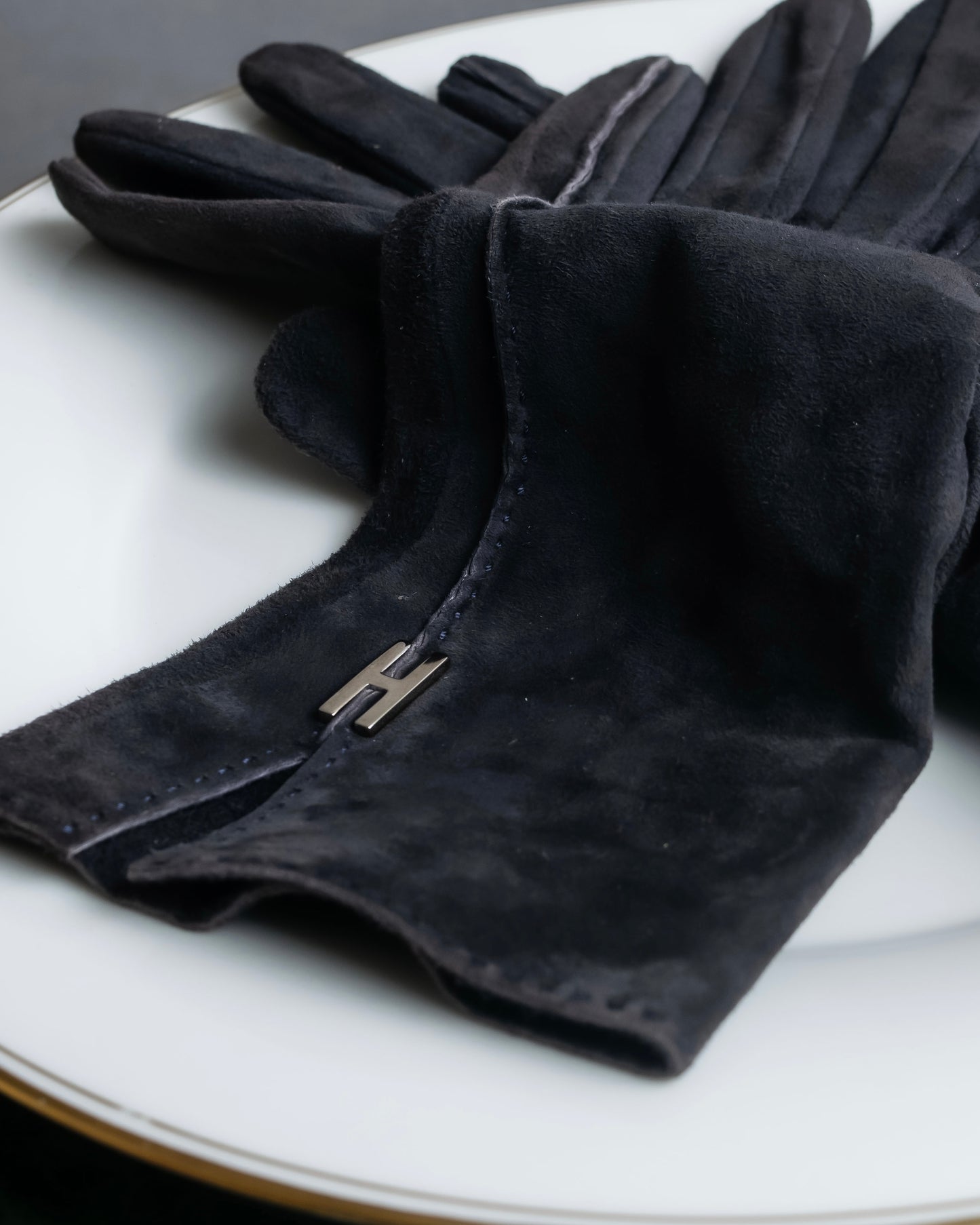 "HERMES" H motif design suede leather gloves