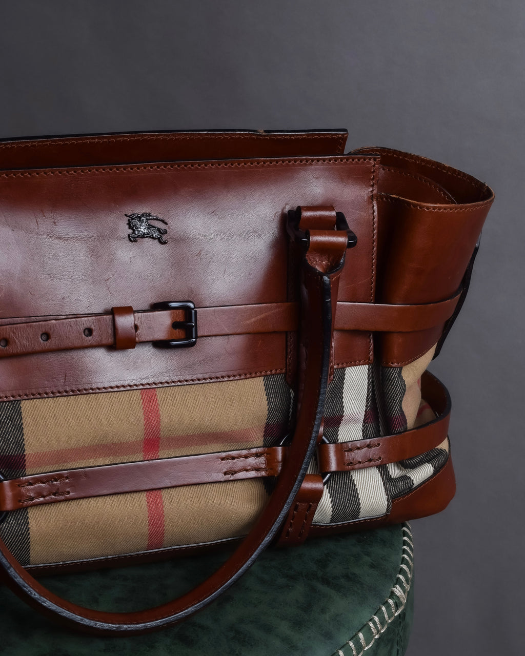 "BURBERRY" Harness detail check canvas leather bag