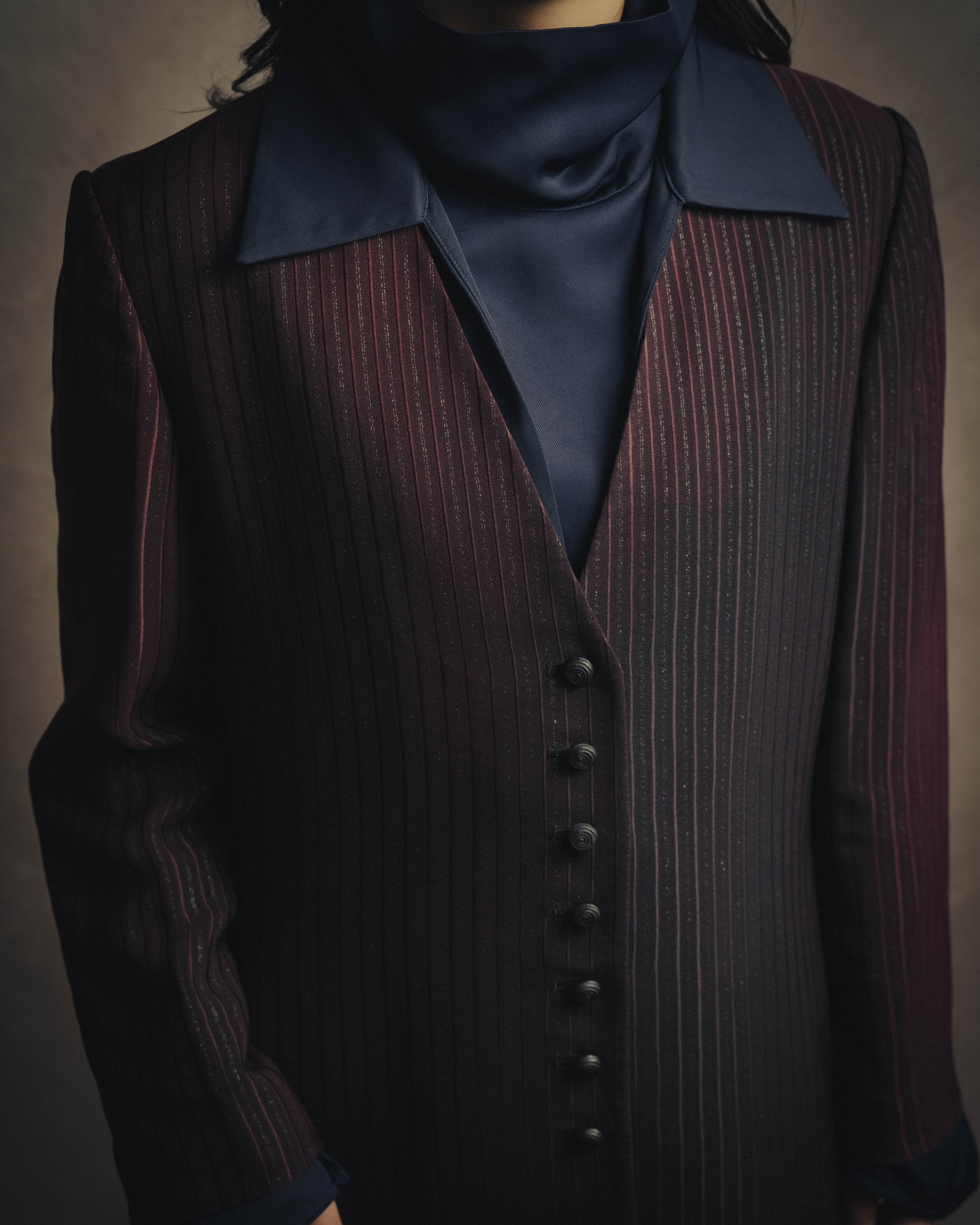 -SPECIAL- “Yves Saint Laurent“ 80's-90's Swiss fabric lurex stripe collarless long jacket