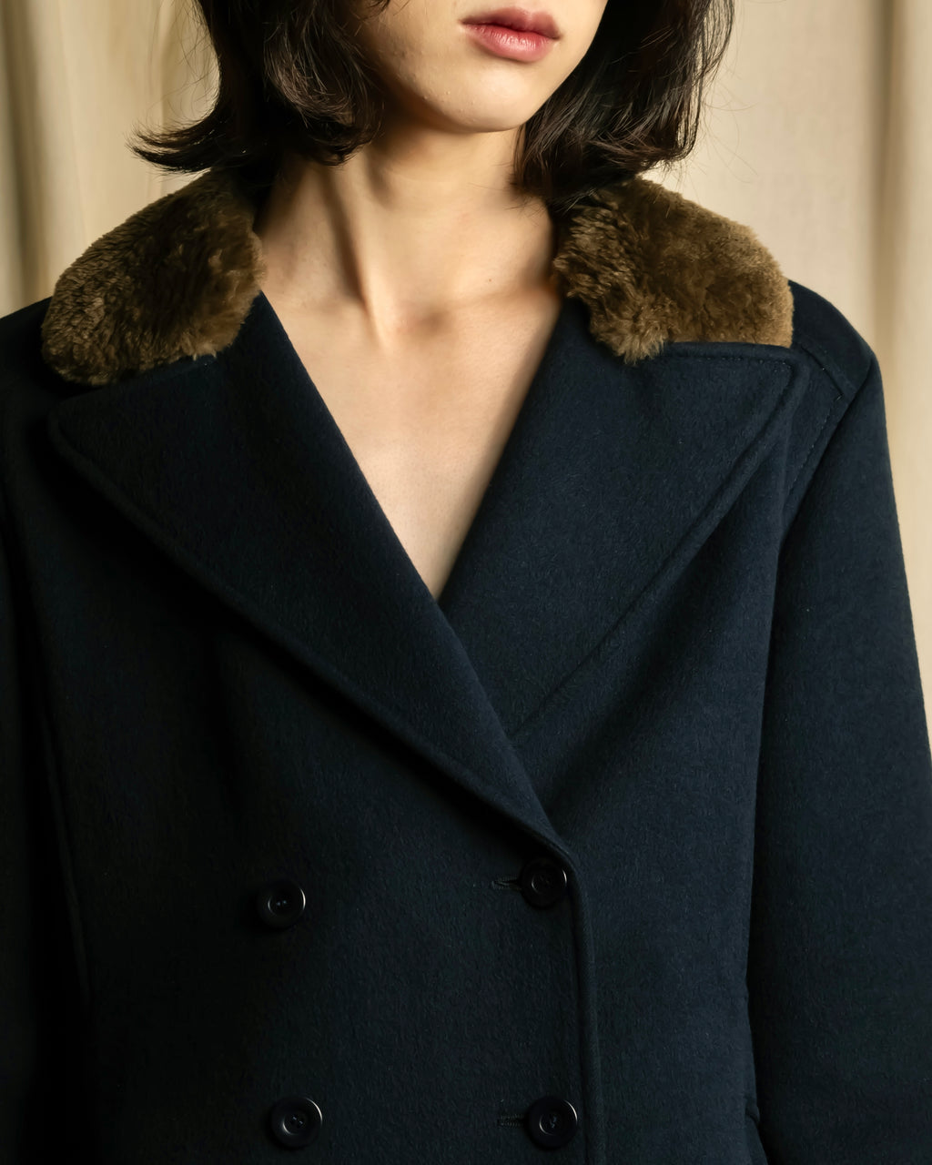 "VALENTINO" Fur collar double-breasted wool coat