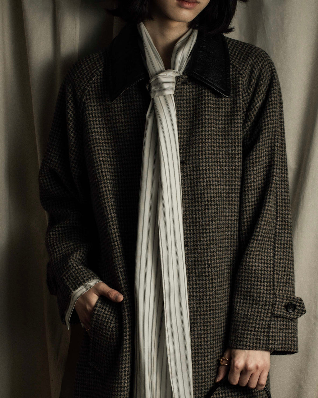 "tricot COMME des GARCONS" Leather collar design houndstooth pattern oversized long coat