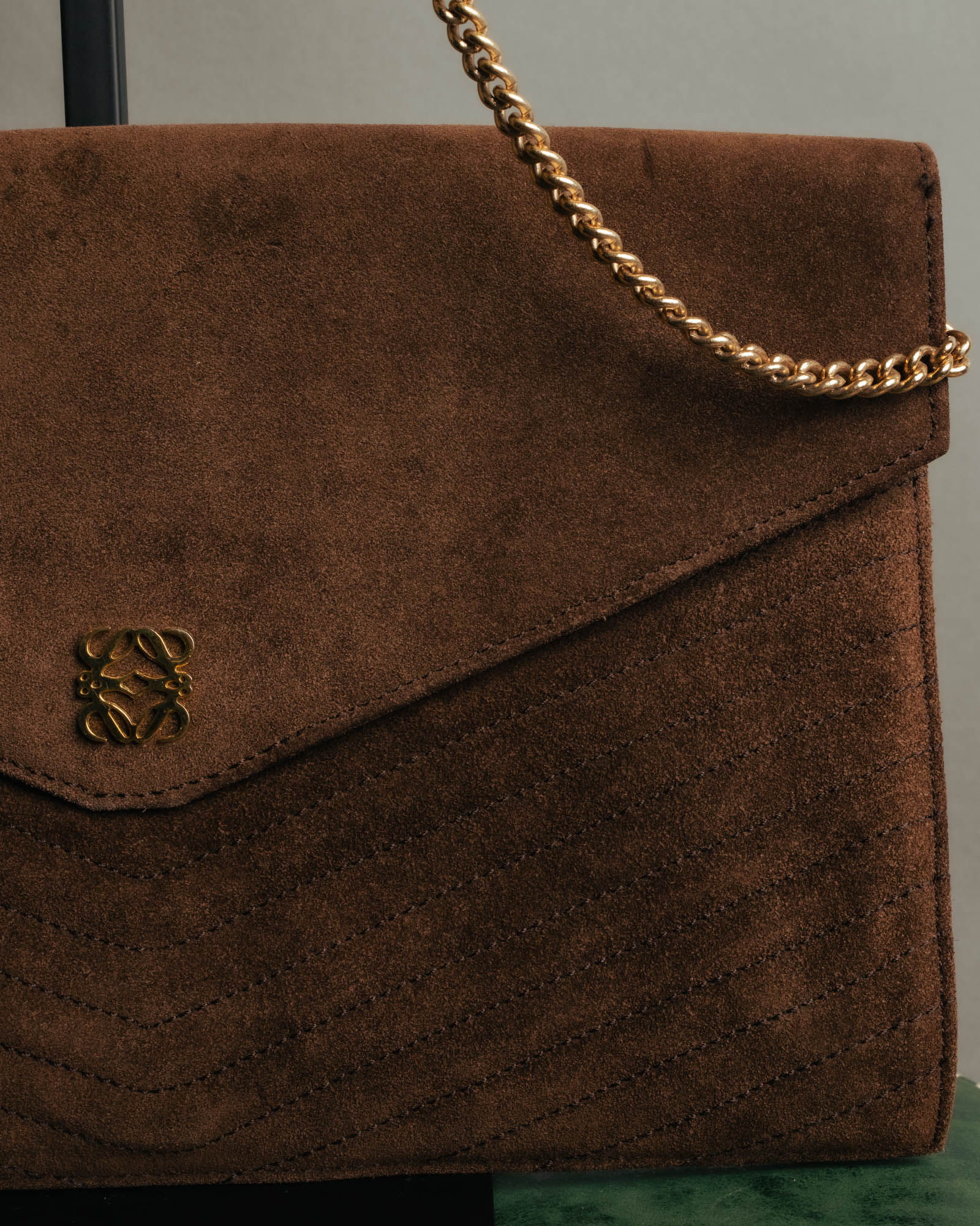 “LOEWE” 80’s-90’s Suede anagram chain shoulder bag
