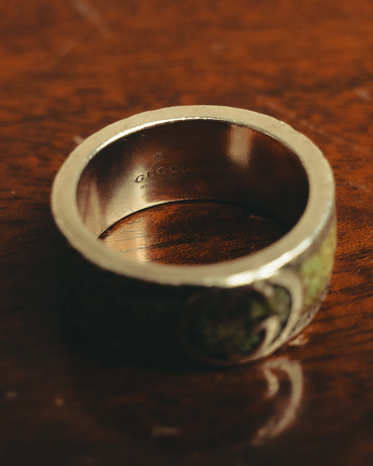 "GUCCI" 20's Ornate green inlay wide band ring