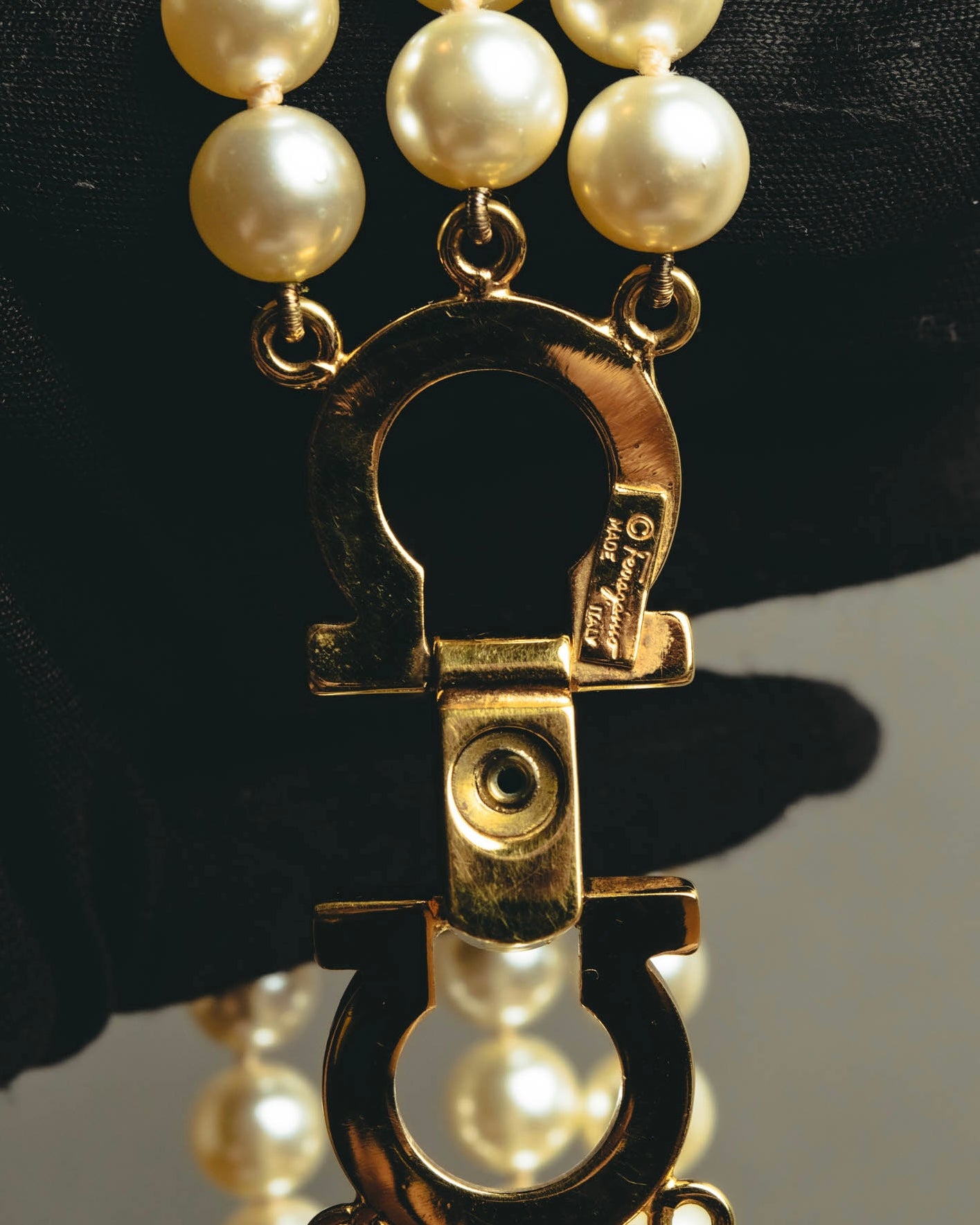 "Salvatore Ferragamo" 80's-90's Gancini three-strand pearl-style necklace