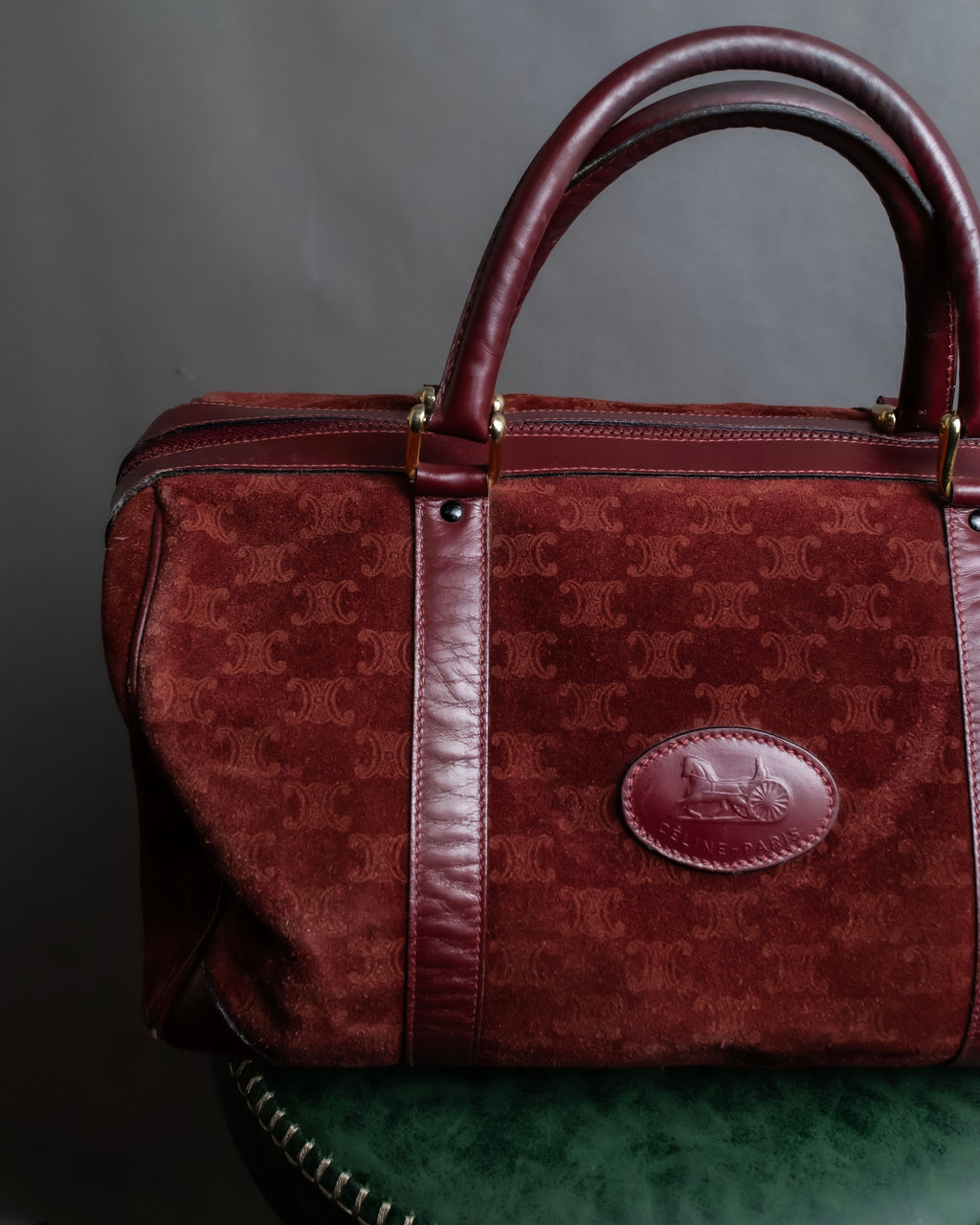 "CELINE" Triomphe motif Bordeaux color suede boston bag
