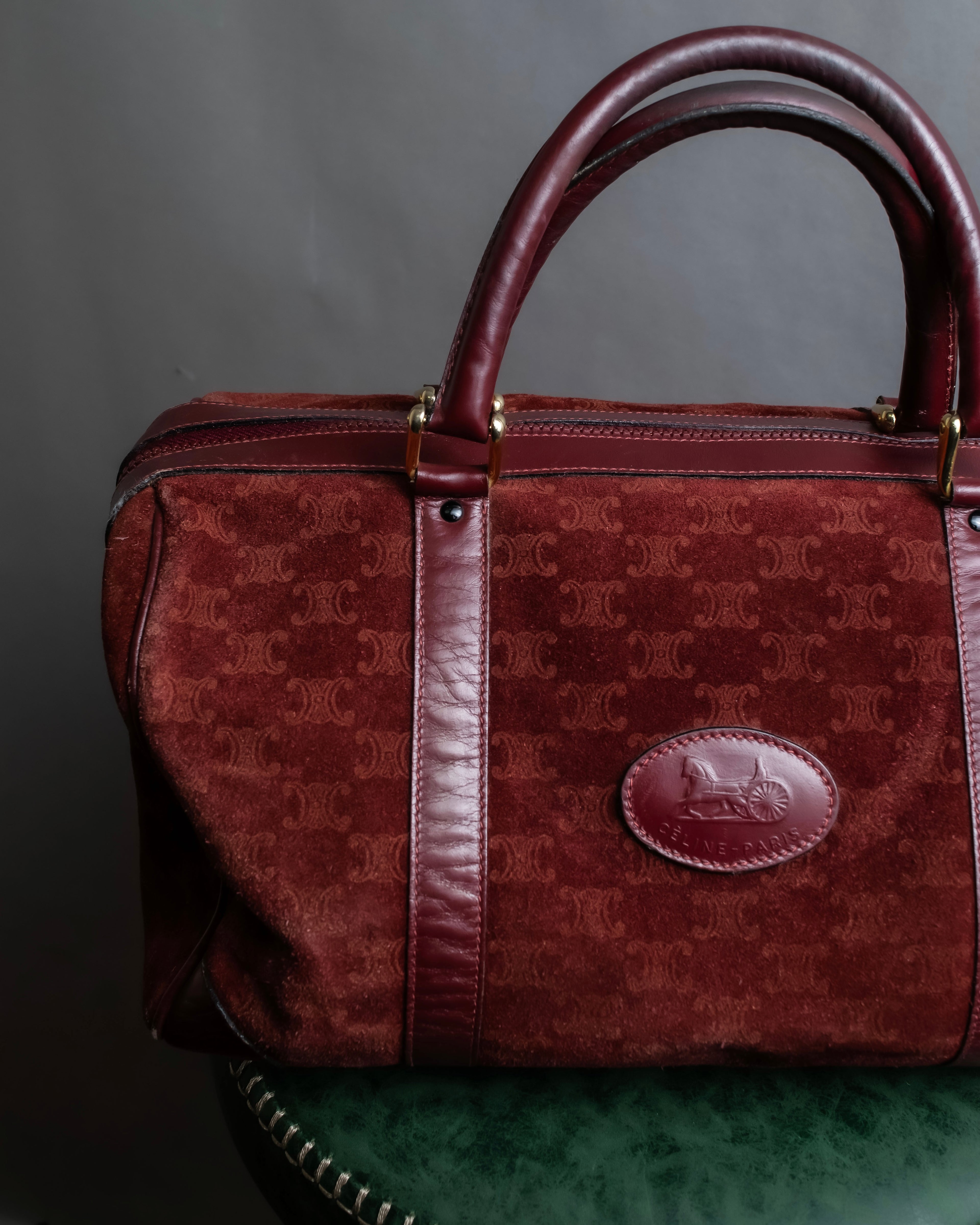 "CELINE" Triomphe motif Bordeaux color suede boston bag