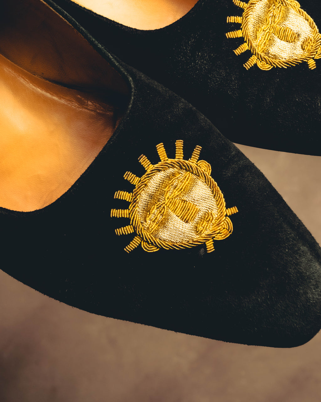 -SPECIAL- "Hermès" 80's-90's Gold embroidered suede loafers