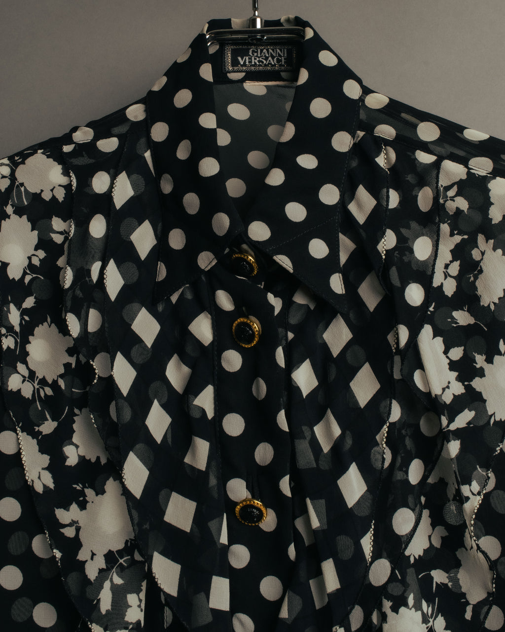 “GIANNI VERSACE COUTURE” 90’s Sheer mixed pattern ruffle blouse