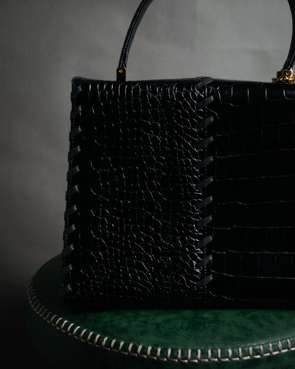 "Yves Saint Laurent" 90’s croc embossed whipstitch trapeze handbag