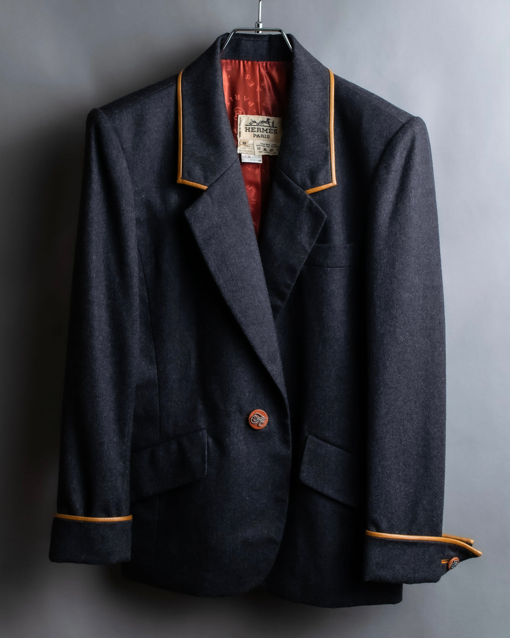 "HERMES" Vintage leather piping design belted tailored jacket